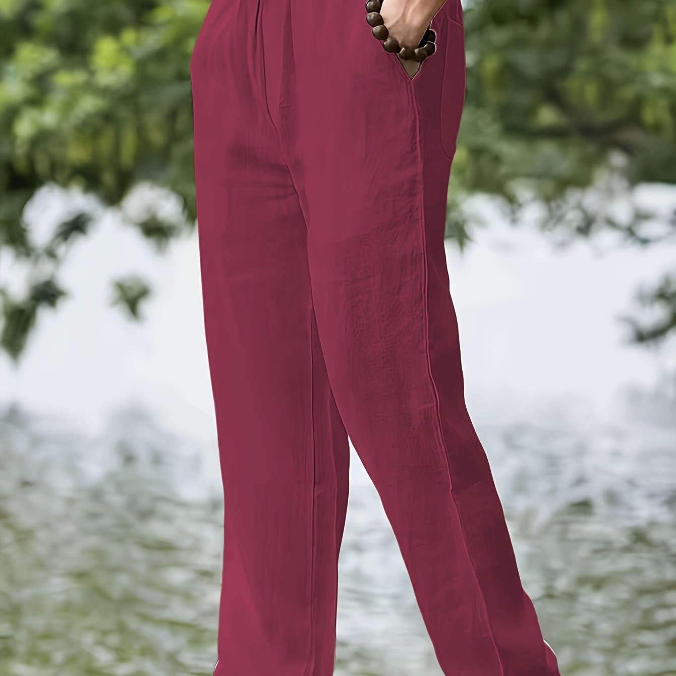 Men's Casual Linen Pants - Elastic Waist, Loose Fit for Spring   OAXG 