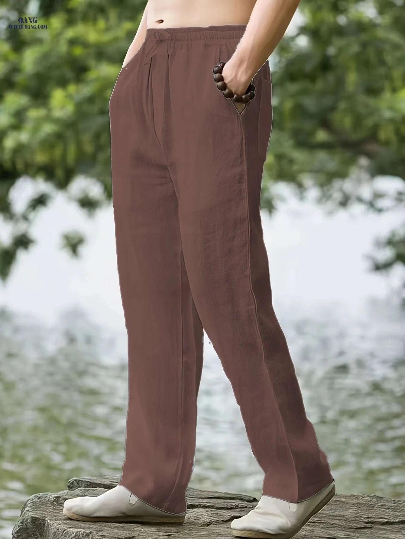 Men's Casual Linen Pants - Elastic Waist, Loose Fit for Spring   OAXG 