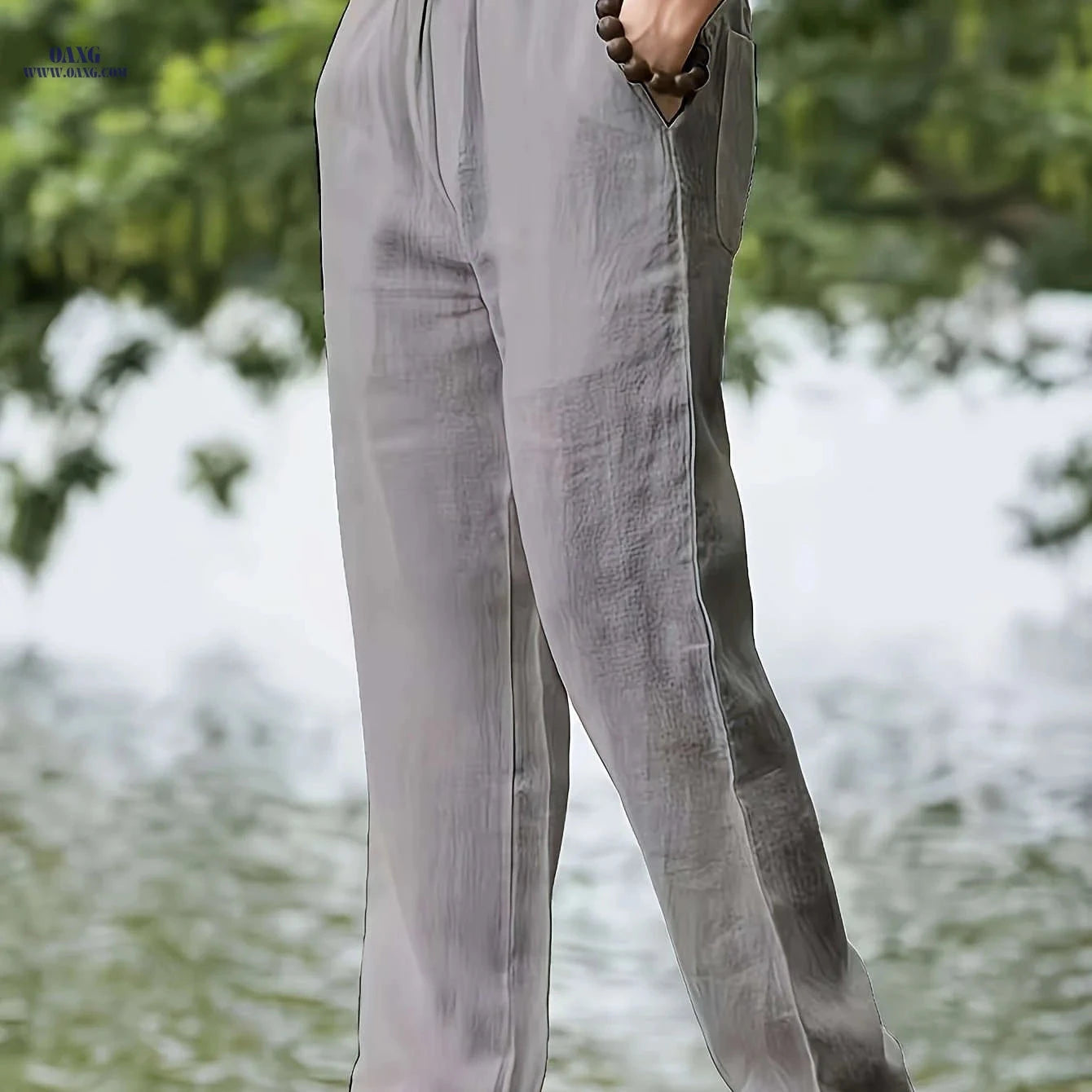 Men's Casual Linen Pants - Elastic Waist, Loose Fit for Spring   OAXG 
