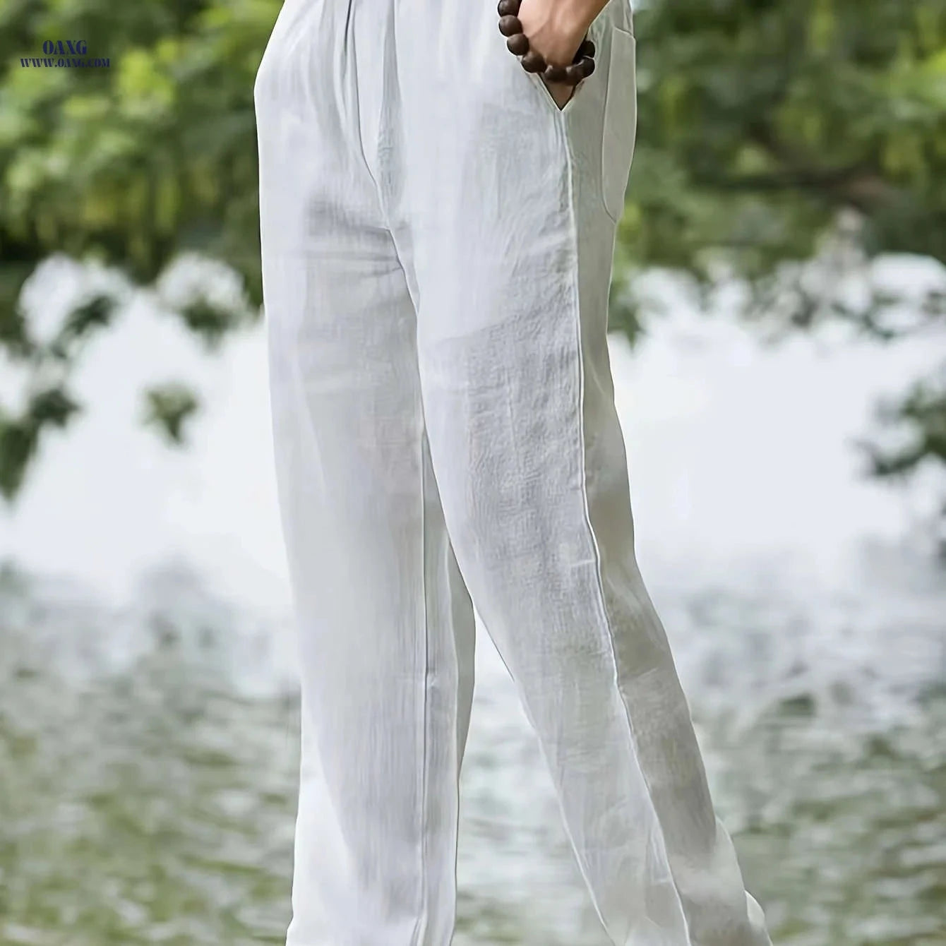 Men's Casual Linen Pants - Elastic Waist, Loose Fit for Spring   OAXG 