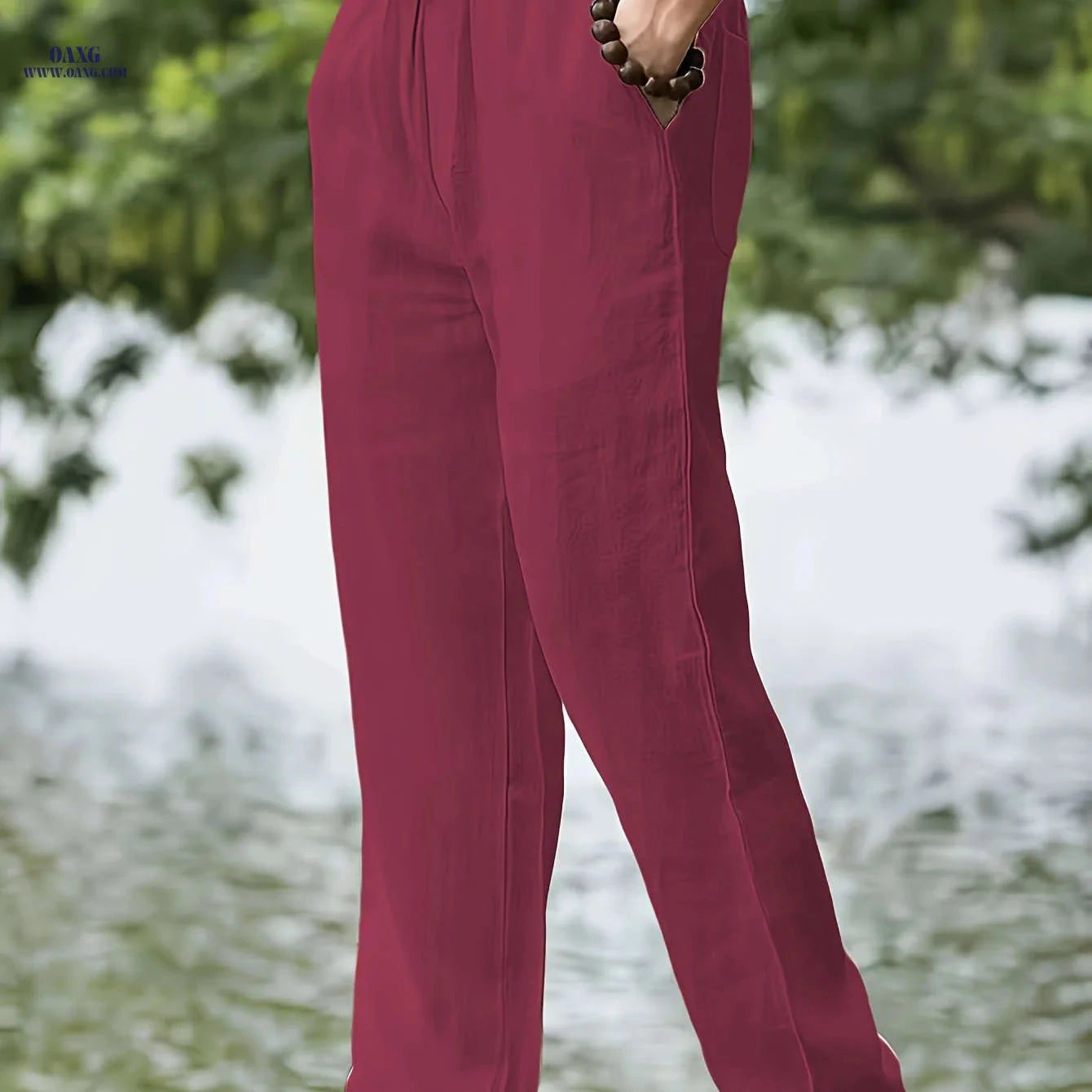 Men's Casual Linen Pants - Elastic Waist, Loose Fit for Spring   OAXG 