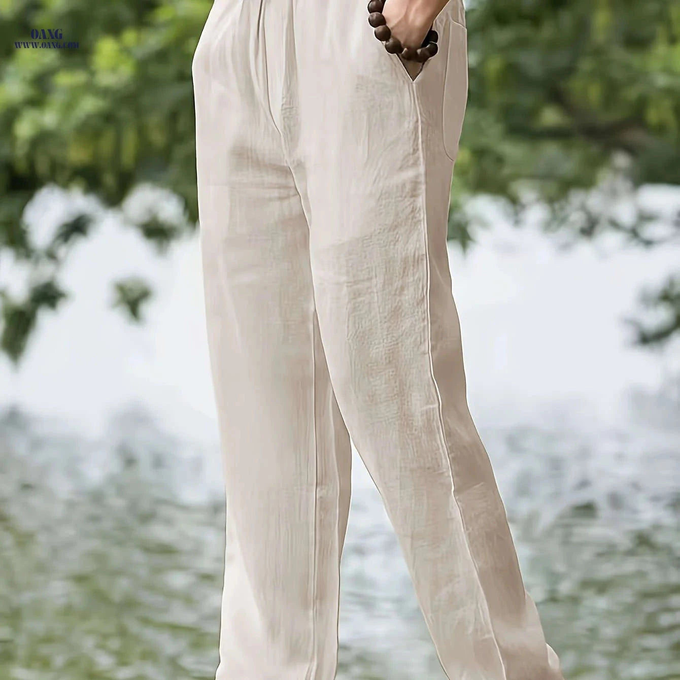Men's Casual Linen Pants - Elastic Waist, Loose Fit for Spring   OAXG 