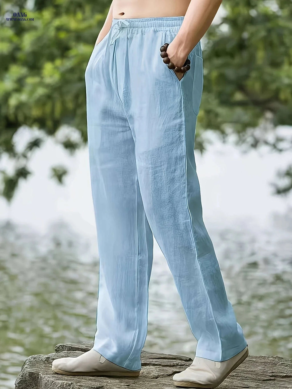 Men's Casual Linen Pants - Elastic Waist, Loose Fit for Spring   OAXG Khaki / FR S