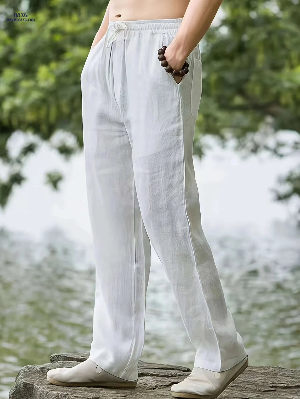 Men's Casual Linen Pants - Elastic Waist, Loose Fit for Spring   OAXG Khaki / FR S