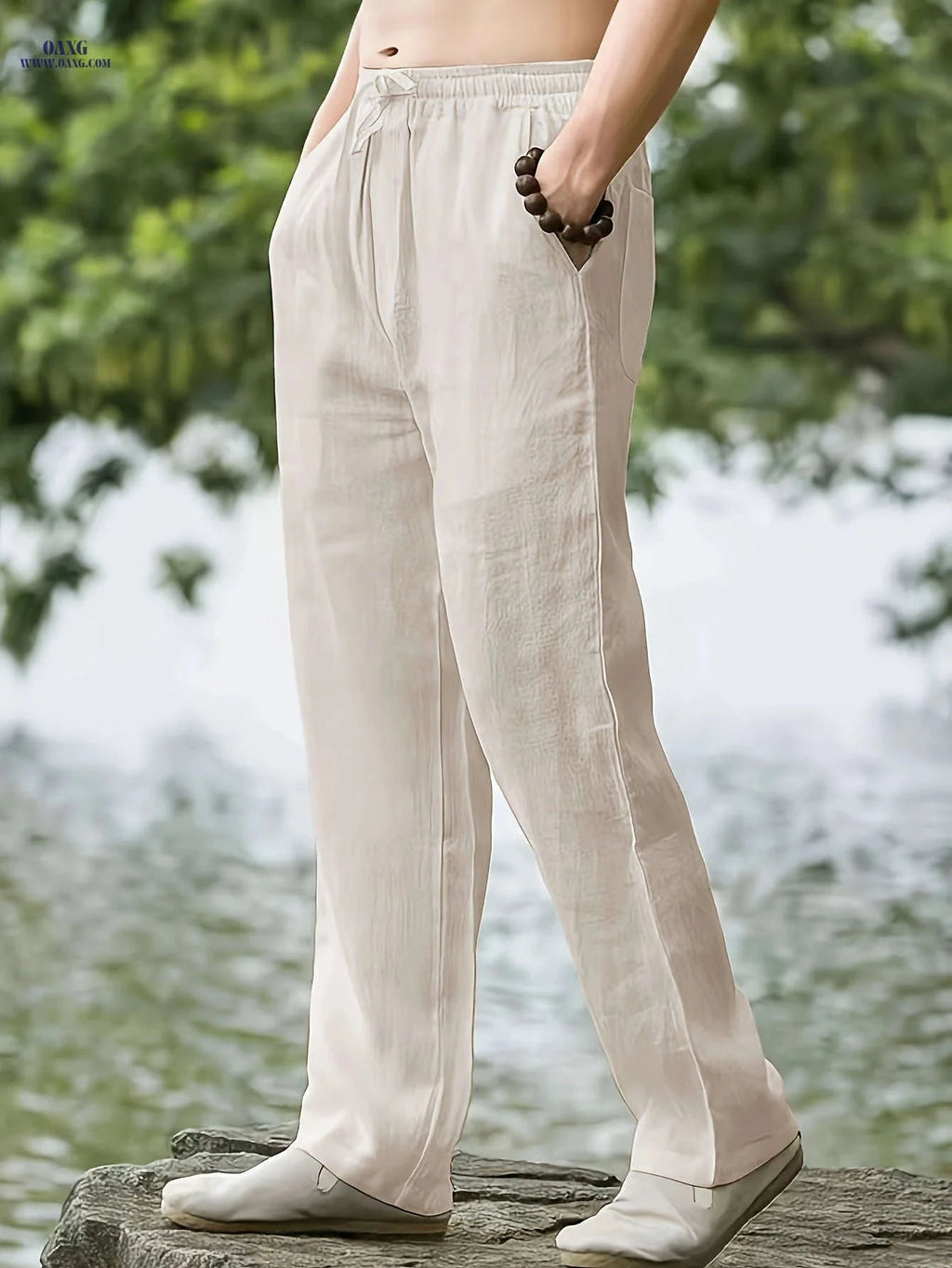 Men's Casual Linen Pants - Elastic Waist, Loose Fit for Spring   OAXG Khaki / FR S