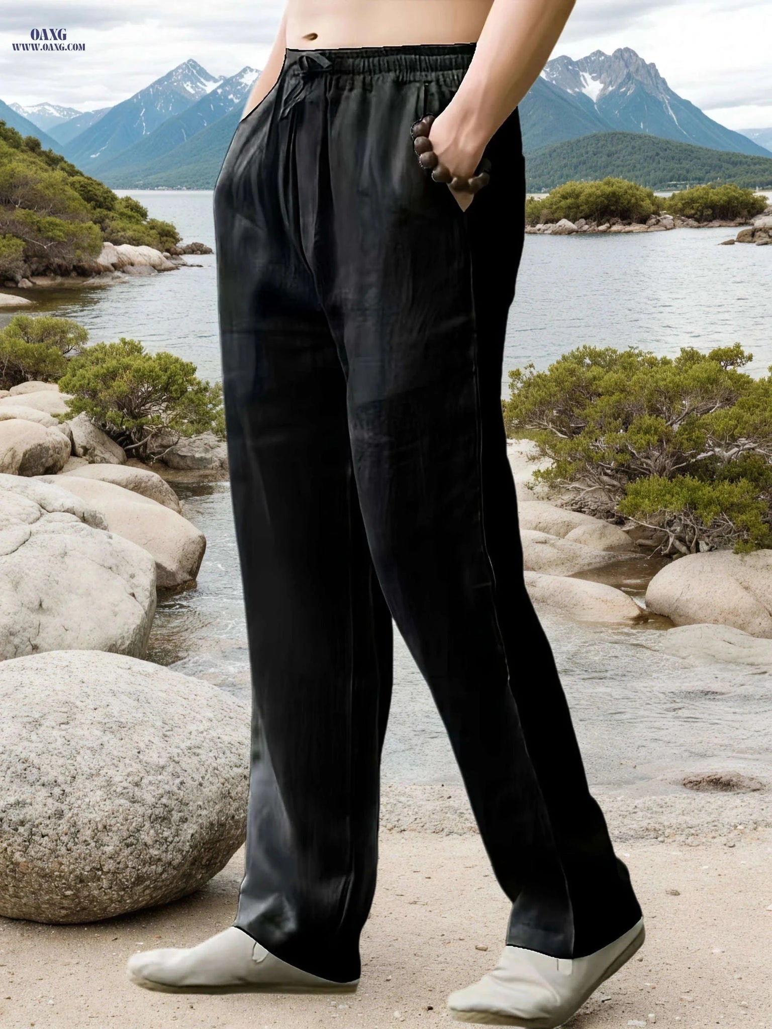 Men's Casual Linen Pants - Elastic Waist, Loose Fit for Spring   OAXG Khaki / FR S