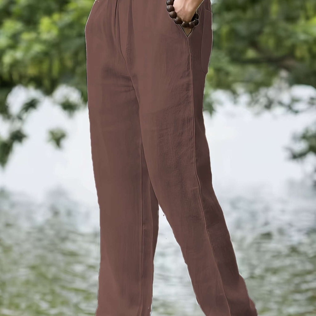 Men's Casual Linen Pants - Elastic Waist, Loose Fit for Spring   OAXG 