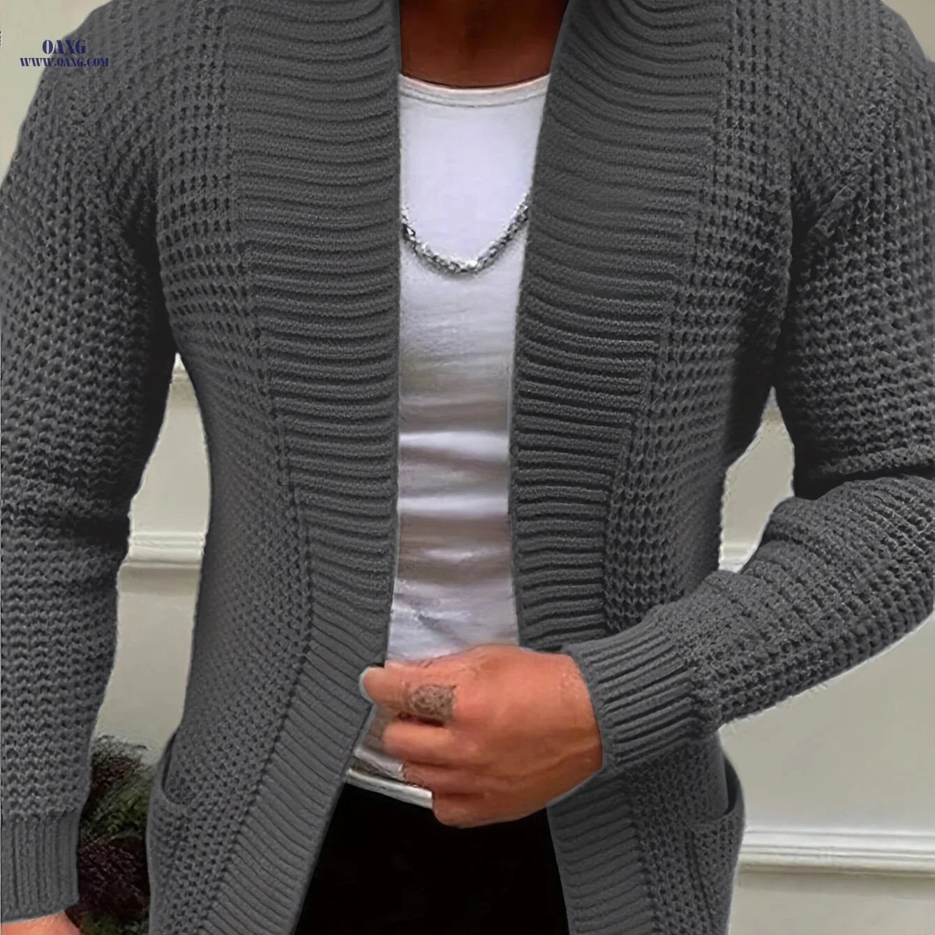 Men's Casual Long-Sleeve Knitted Cardigan with Pockets - Autumn/Winter Style   OAXG Black / FR M