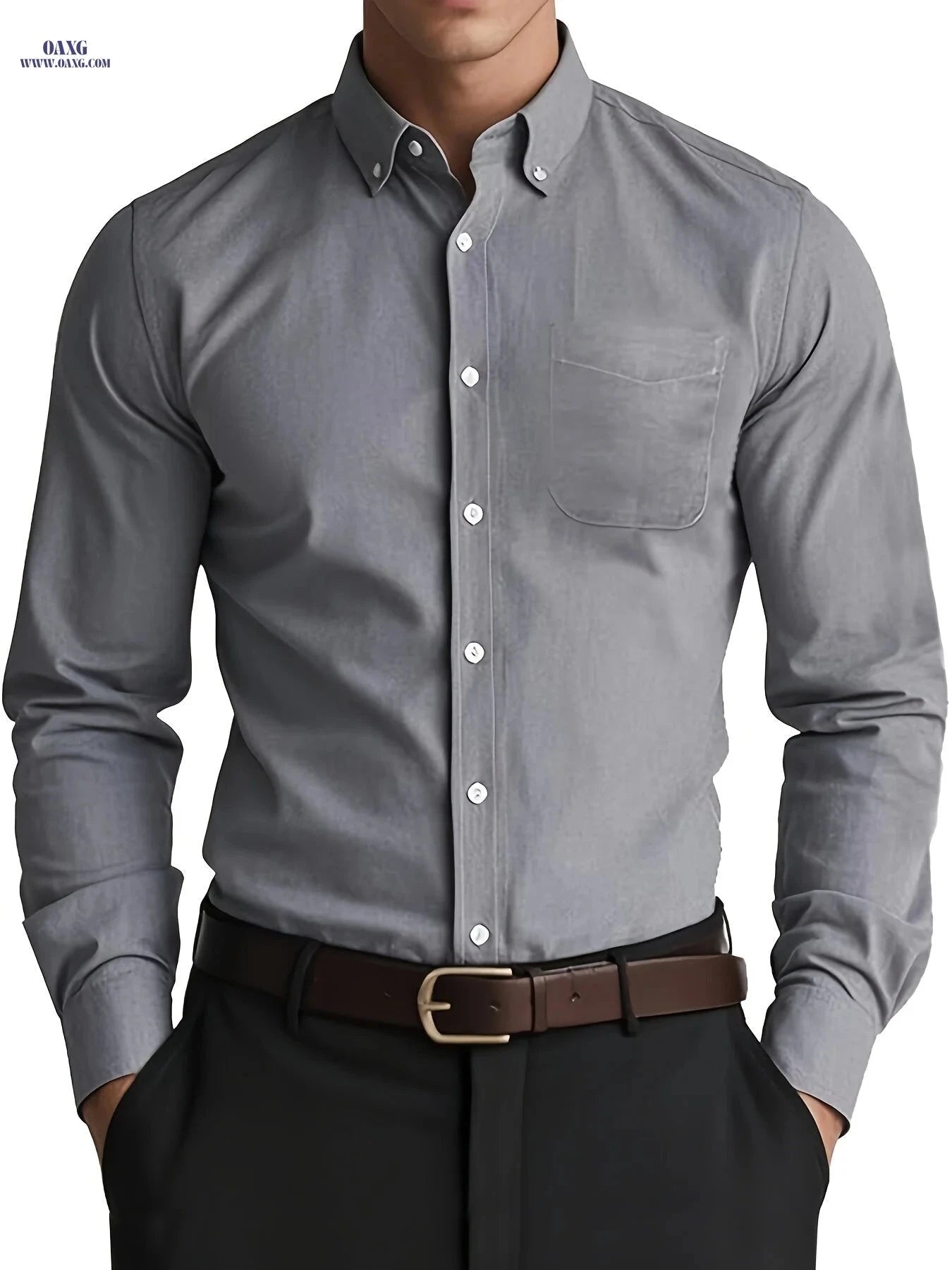 Men's Casual Long-Sleeve Oxford Shirt - Breathable Cotton Blend   OAXG Grey / FR XS