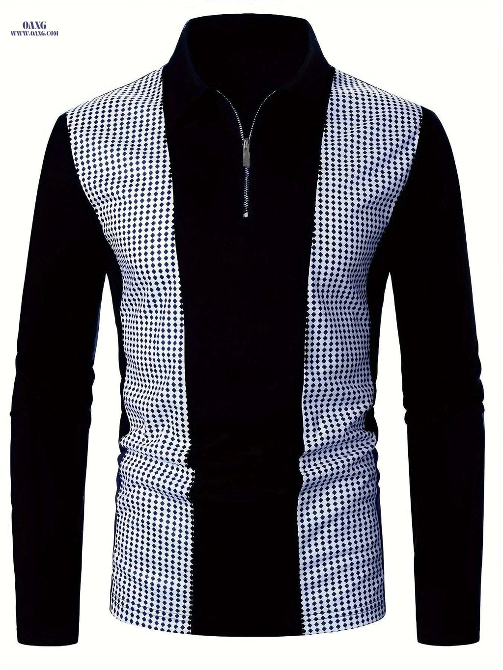 Men's Casual Long Sleeve Patchwork Shirt - Geometric Design, Regular Fit   OAXG Black / FR S
