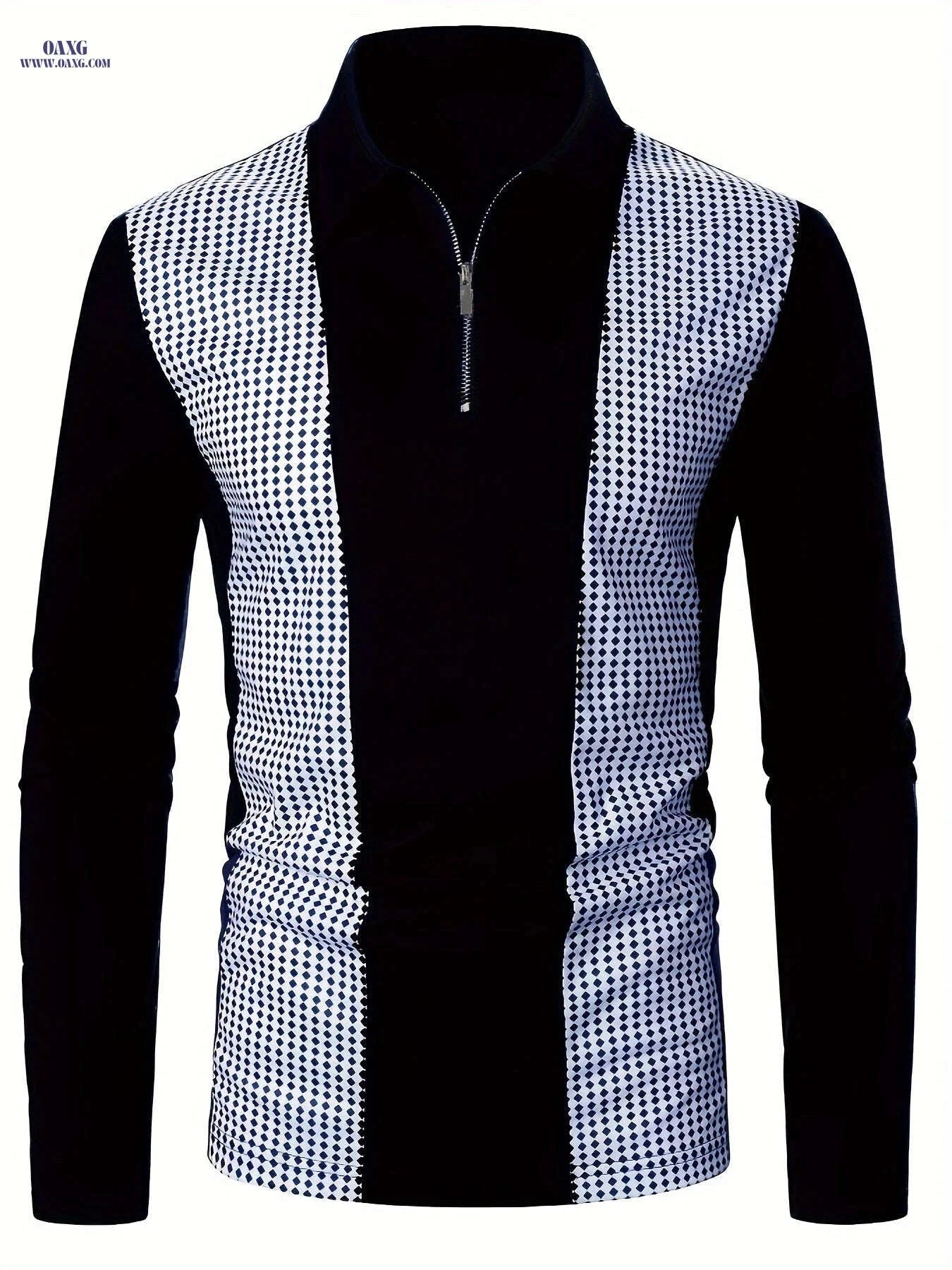 Men's Casual Long Sleeve Patchwork Shirt - Geometric Design, Regular Fit   OAXG Black / FR S