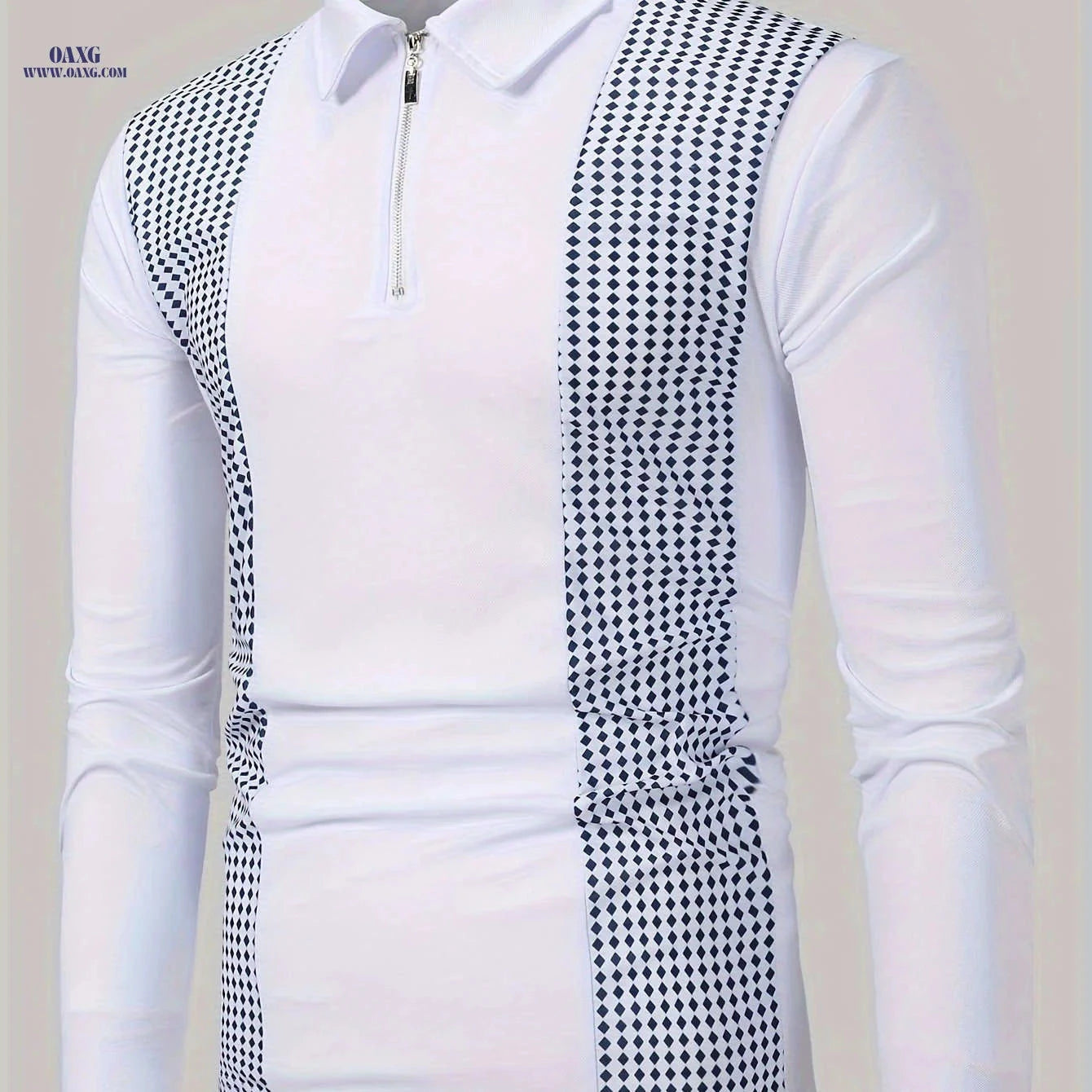 Men's Casual Long Sleeve Patchwork Shirt - Geometric Design, Regular Fit   OAXG Black / FR S