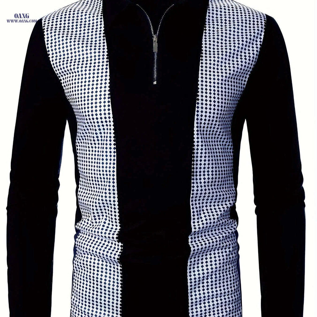 Men's Casual Long Sleeve Patchwork Shirt - Geometric Design, Regular Fit   OAXG 