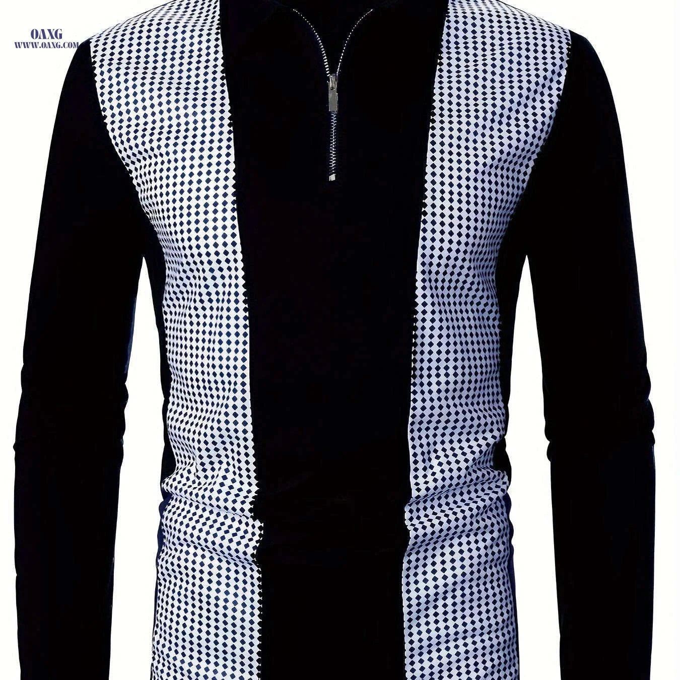 Men's Casual Long Sleeve Patchwork Shirt - Geometric Design, Regular Fit   OAXG 