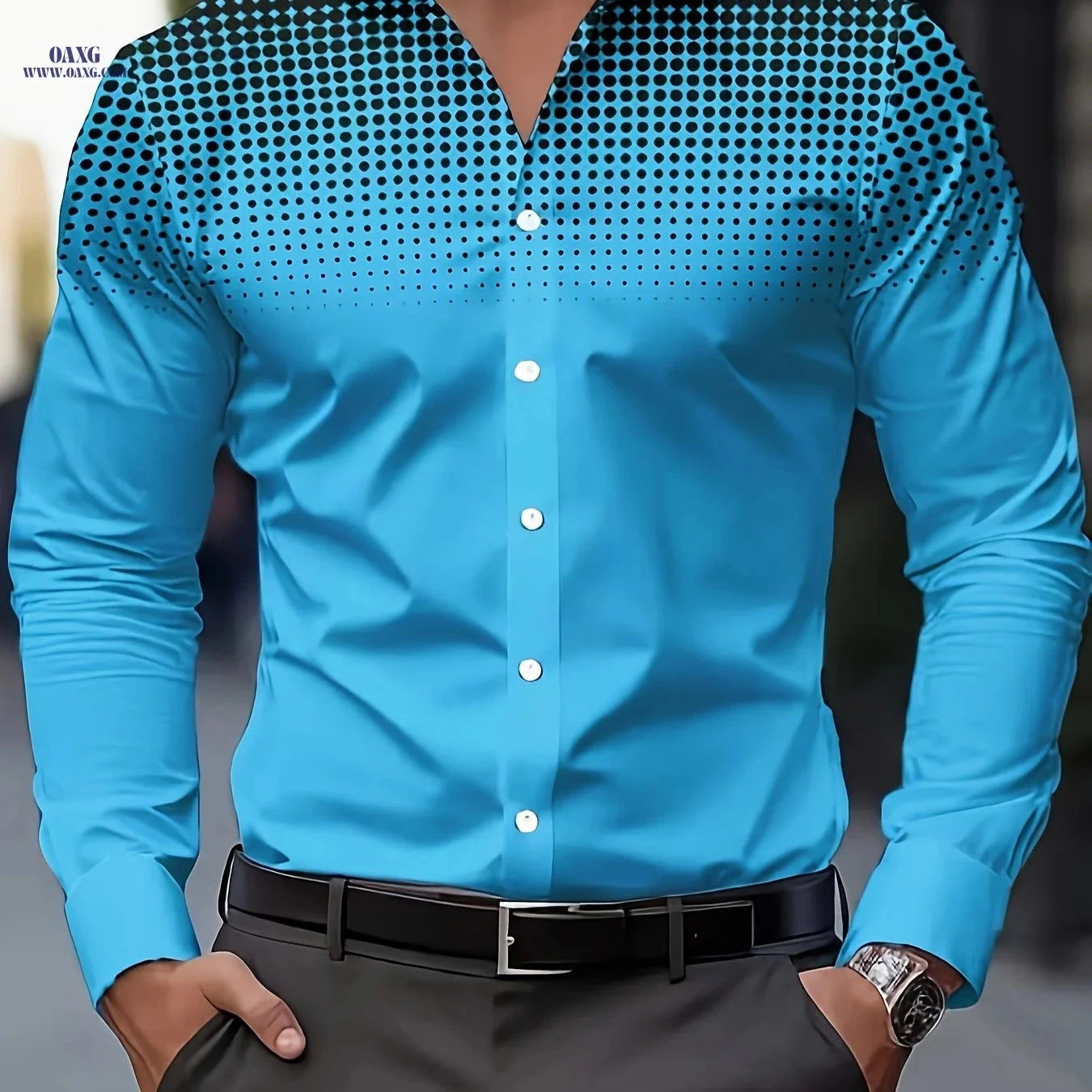Men's Casual Long Sleeve Shirt - Comfortable Polyester with Print Design   OAXG Wave Dot 1 / FR S