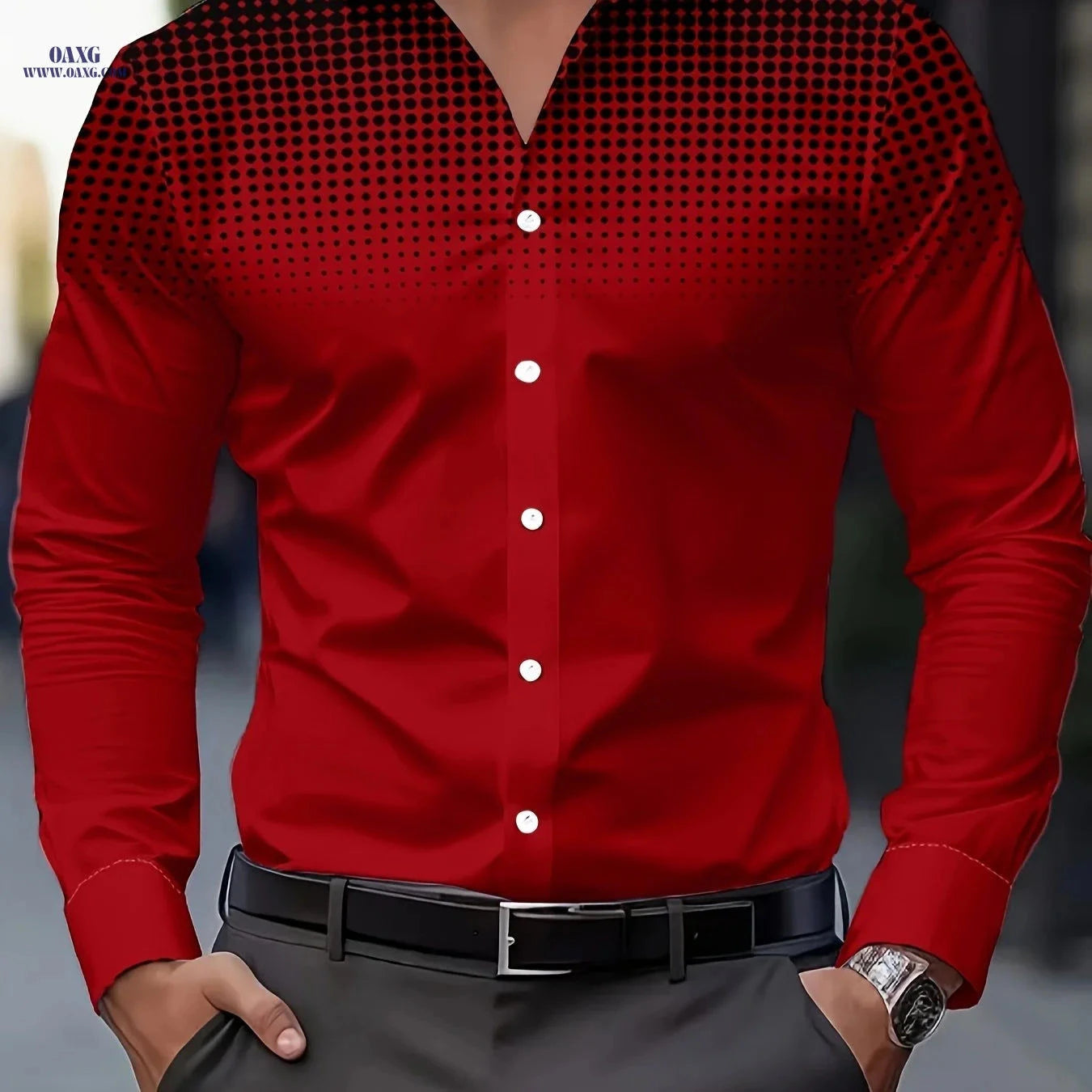 Men's Casual Long Sleeve Shirt - Comfortable Polyester with Print Design   OAXG Wave Dot 1 / FR S