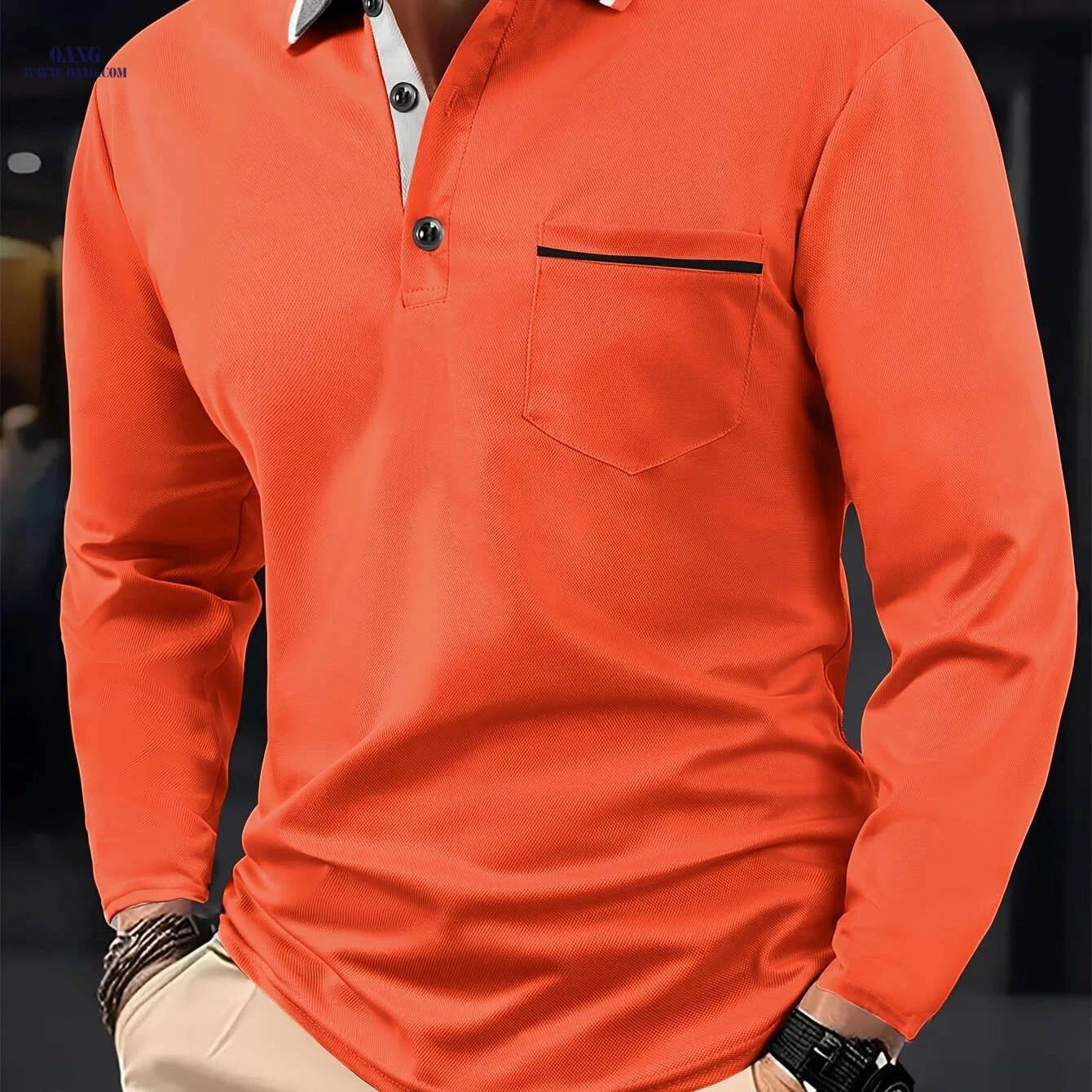 Men's Casual Long Sleeve Shirt - Fashionable Contrast Lapel Design   OAXG 