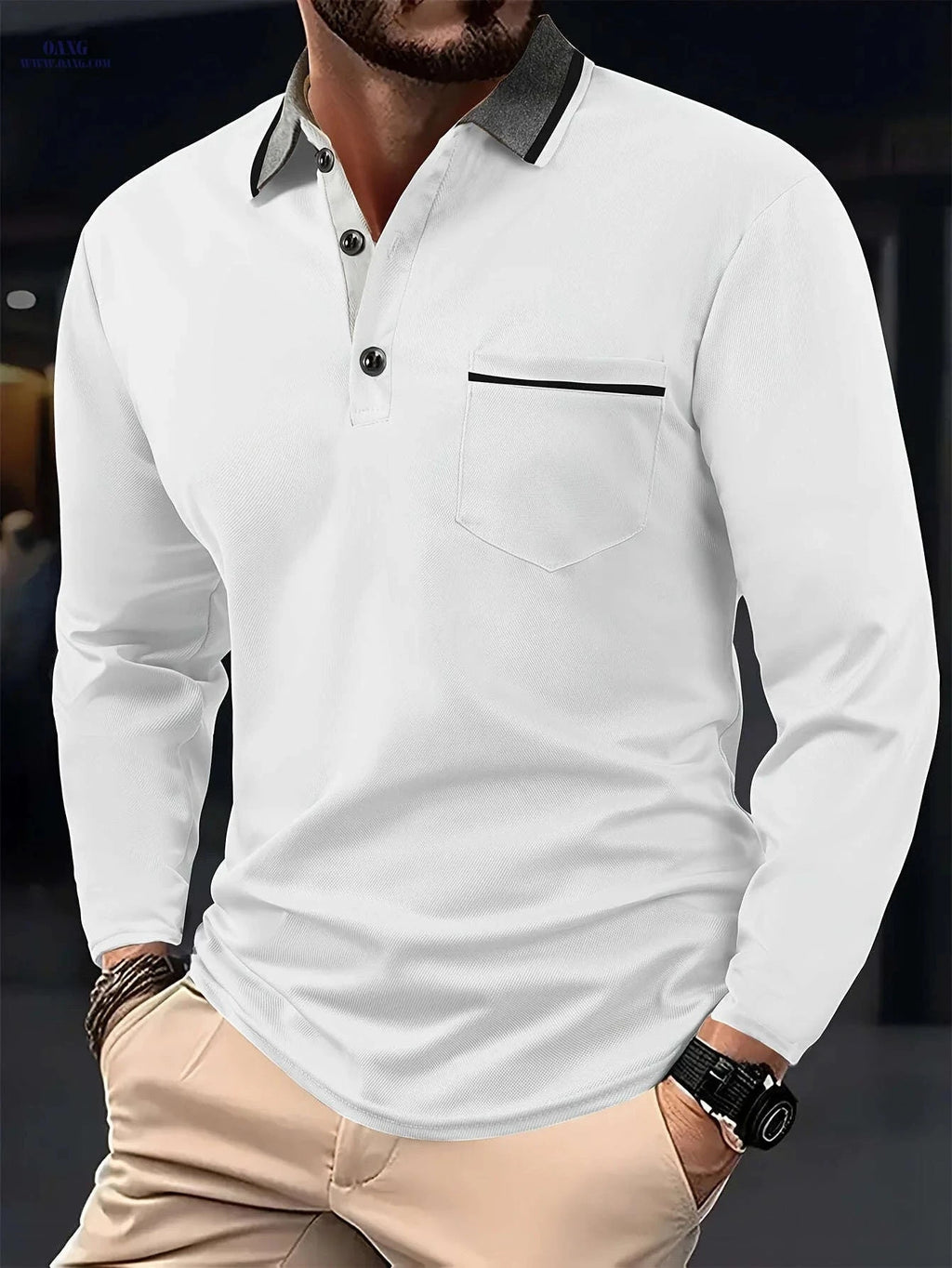 Men's Casual Long Sleeve Shirt - Fashionable Contrast Lapel Design   OAXG 