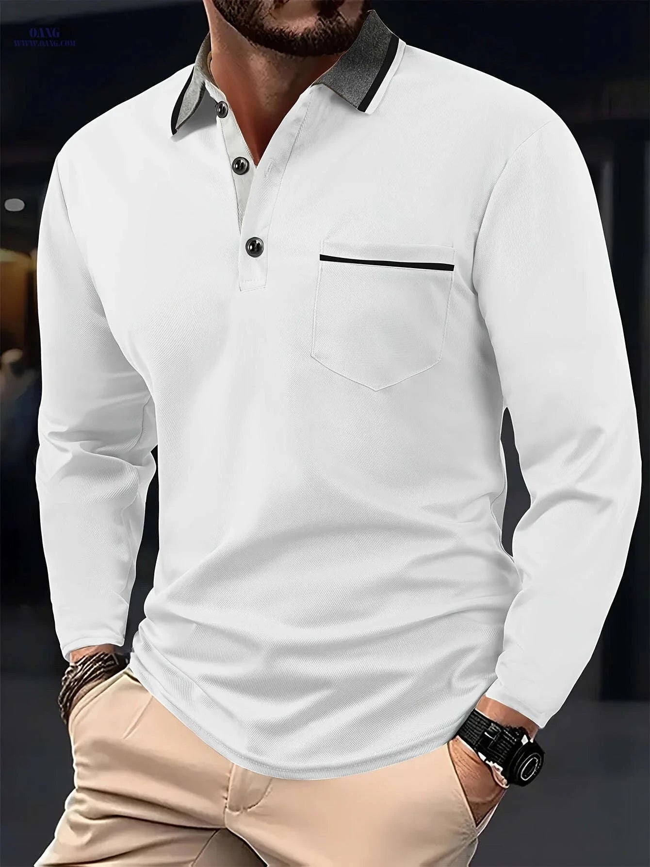 Men's Casual Long Sleeve Shirt - Fashionable Contrast Lapel Design   OAXG 