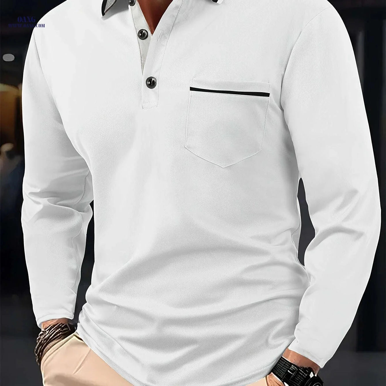 Men's Casual Long Sleeve Shirt - Fashionable Contrast Lapel Design   OAXG Dark Green / FR S