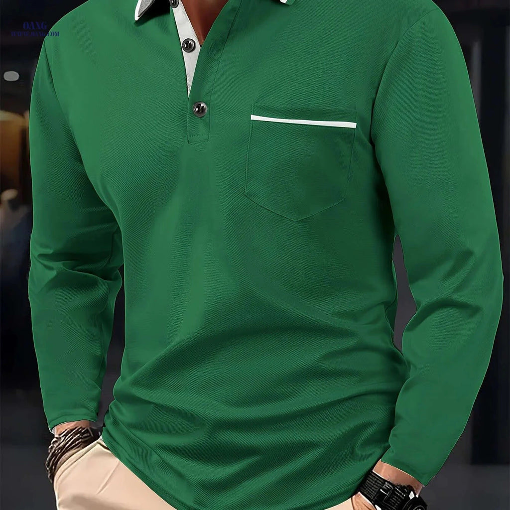Men's Casual Long Sleeve Shirt - Fashionable Contrast Lapel Design   OAXG Dark Green / FR S