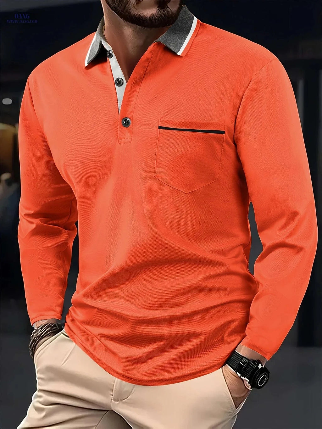 Men's Casual Long Sleeve Shirt - Fashionable Contrast Lapel Design   OAXG 