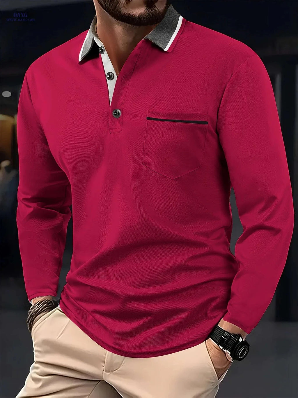 Men's Casual Long Sleeve Shirt - Fashionable Contrast Lapel Design   OAXG 