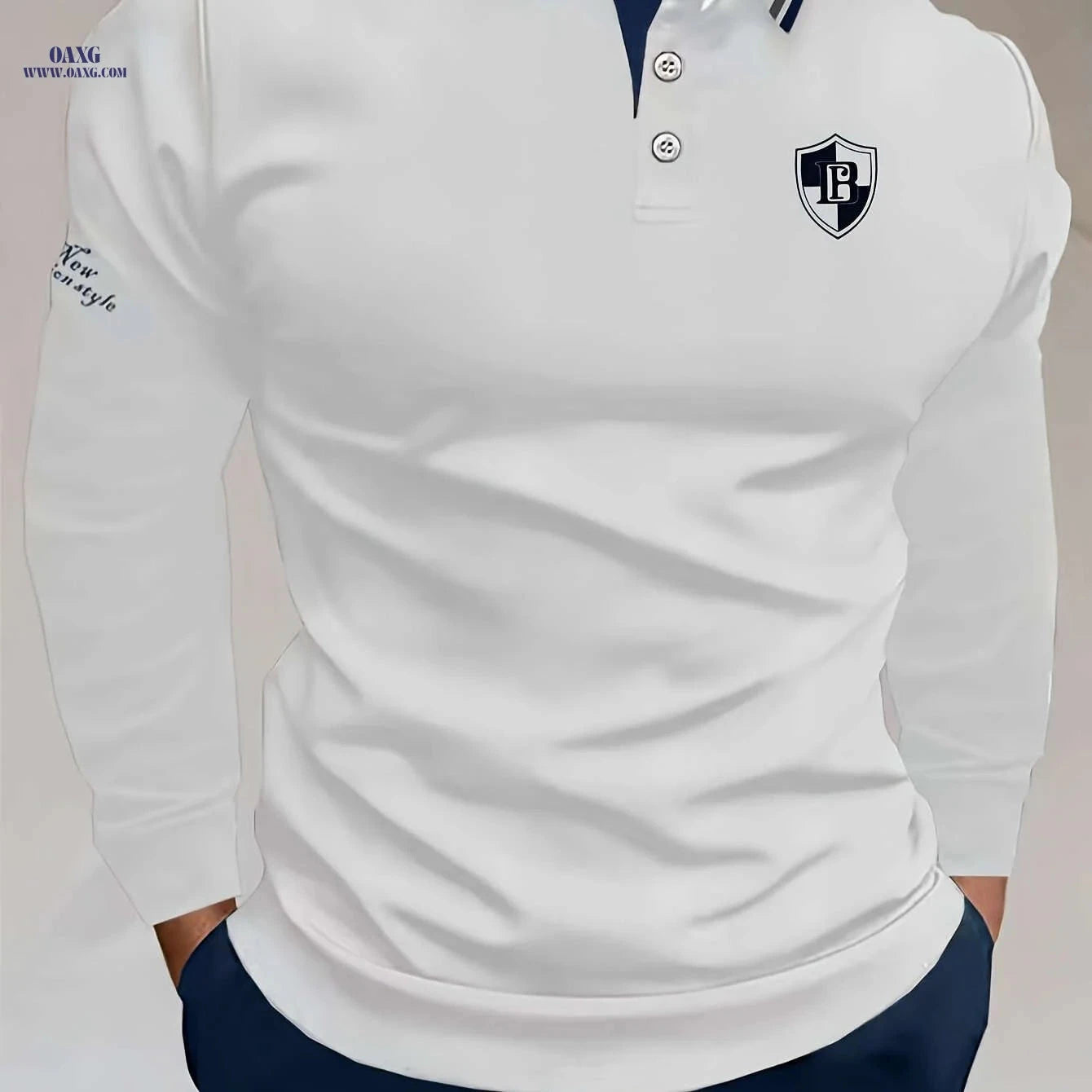 Men's Casual Long Sleeve Shirt - Letter Patch & Contrast Collar   OAXG 