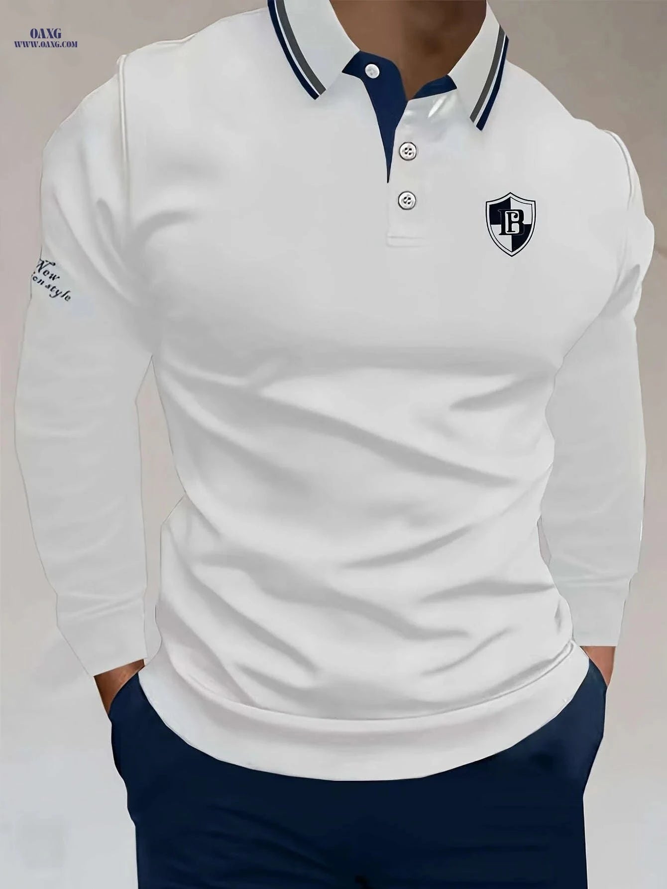 Men's Casual Long Sleeve Shirt - Letter Patch & Contrast Collar   OAXG Navy Blue / FR S