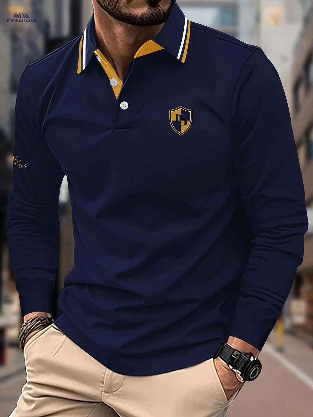 Men's Casual Long Sleeve Shirt - Letter Patch & Contrast Collar   OAXG Navy Blue / FR S