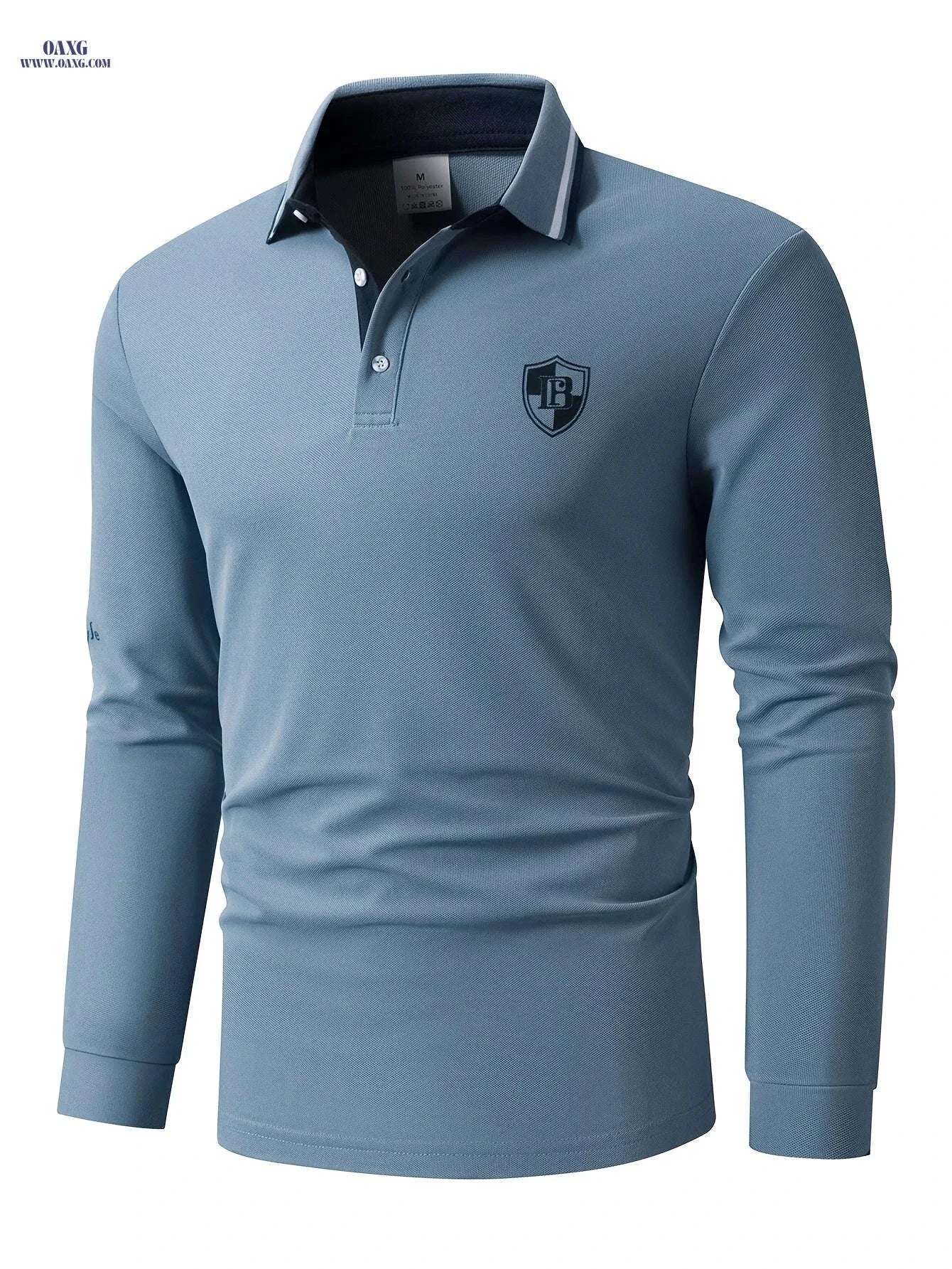 Men's Casual Long Sleeve Shirt - Letter Patch & Contrast Collar   OAXG Navy Blue / FR S