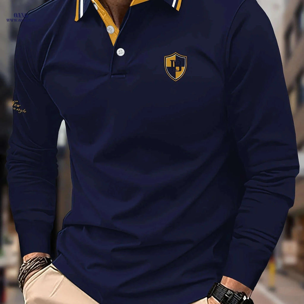 Men's Casual Long Sleeve Shirt - Letter Patch & Contrast Collar   OAXG 