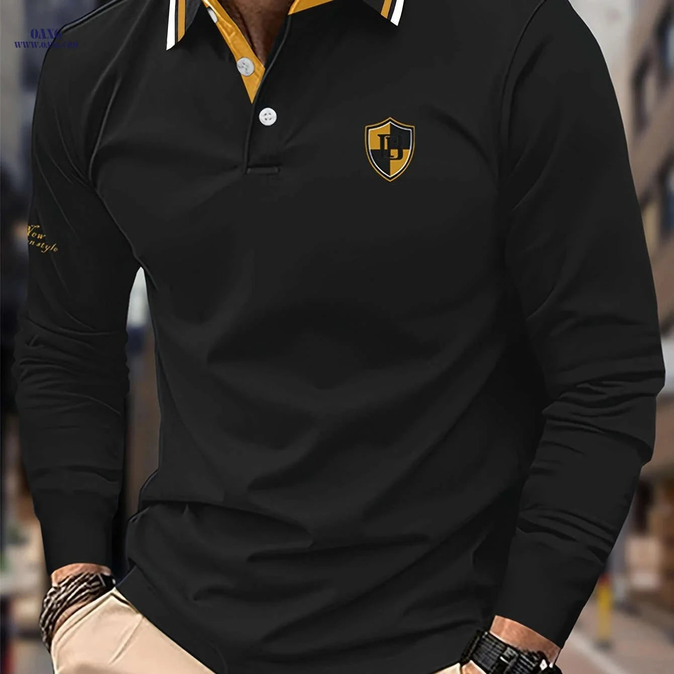 Men's Casual Long Sleeve Shirt - Letter Patch & Contrast Collar   OAXG 