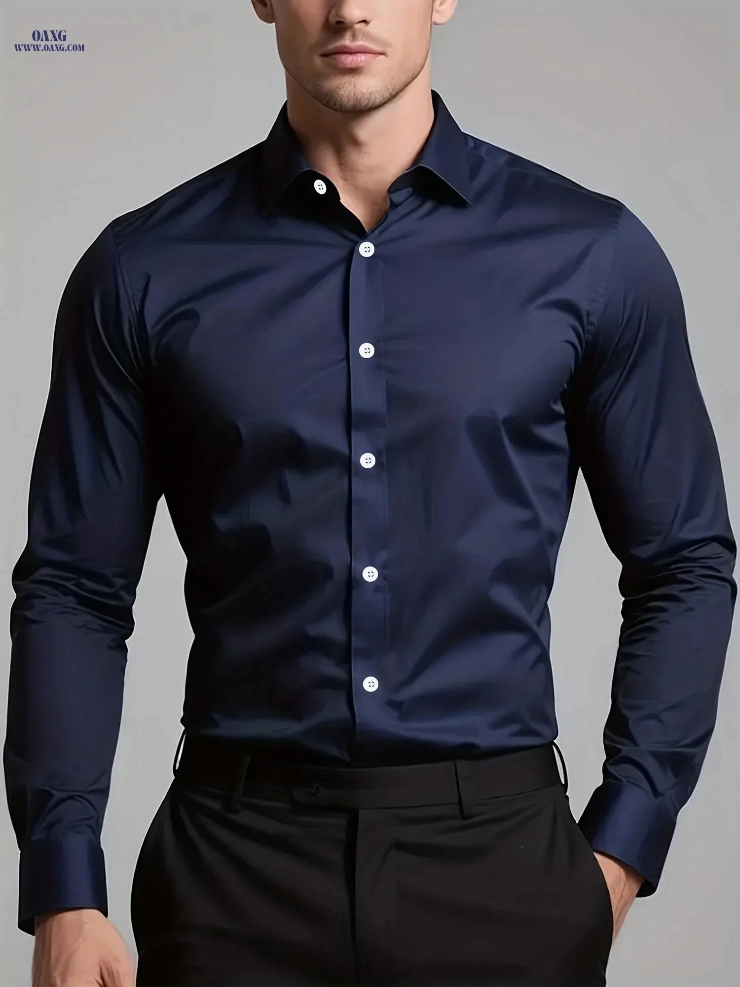 Men's Casual Long Sleeve Shirt - Solid Color, Regular Fit Polyester   OAXG 