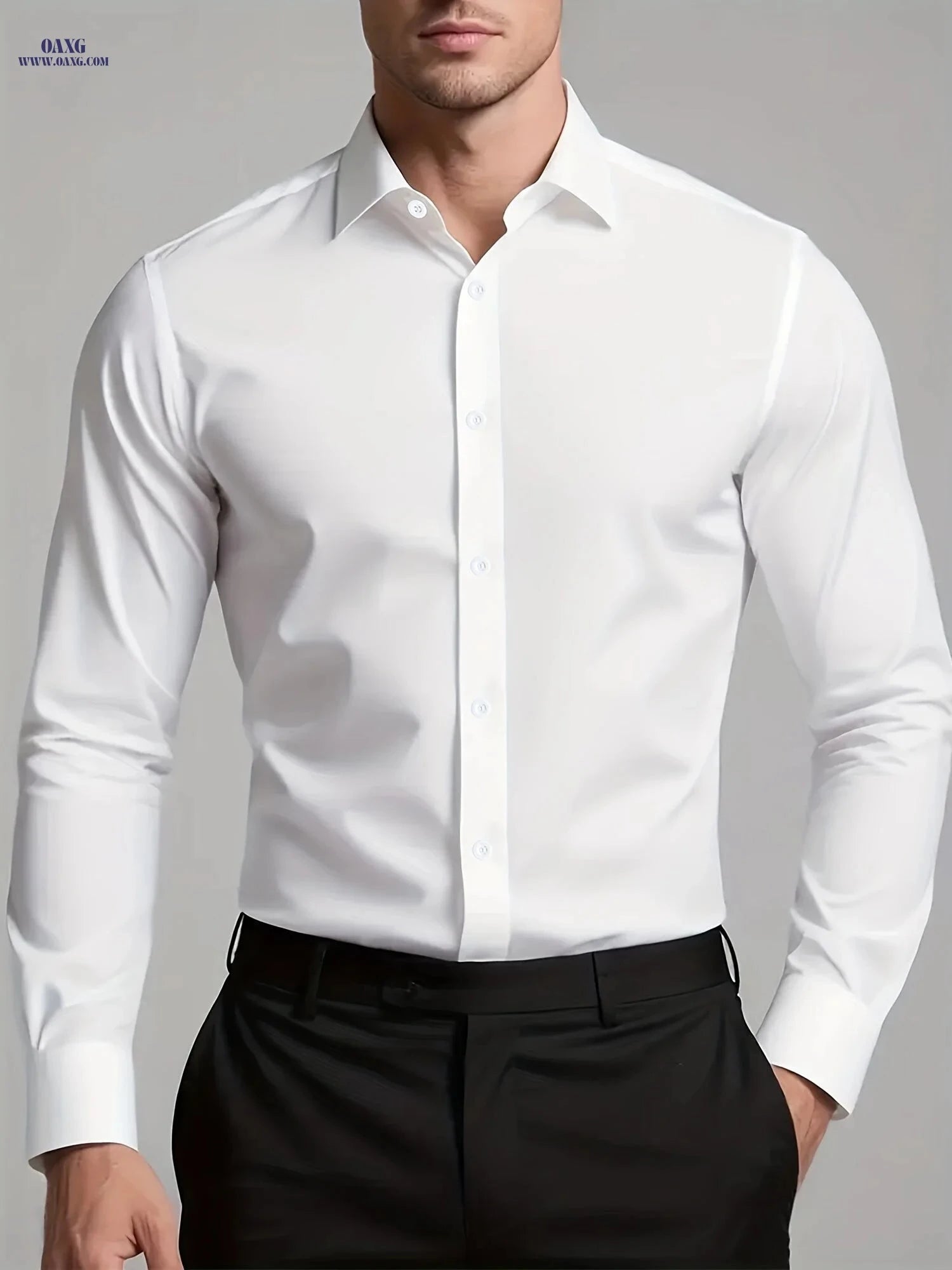 Men's Casual Long Sleeve Shirt - Solid Color, Regular Fit Polyester   OAXG Black / FR S