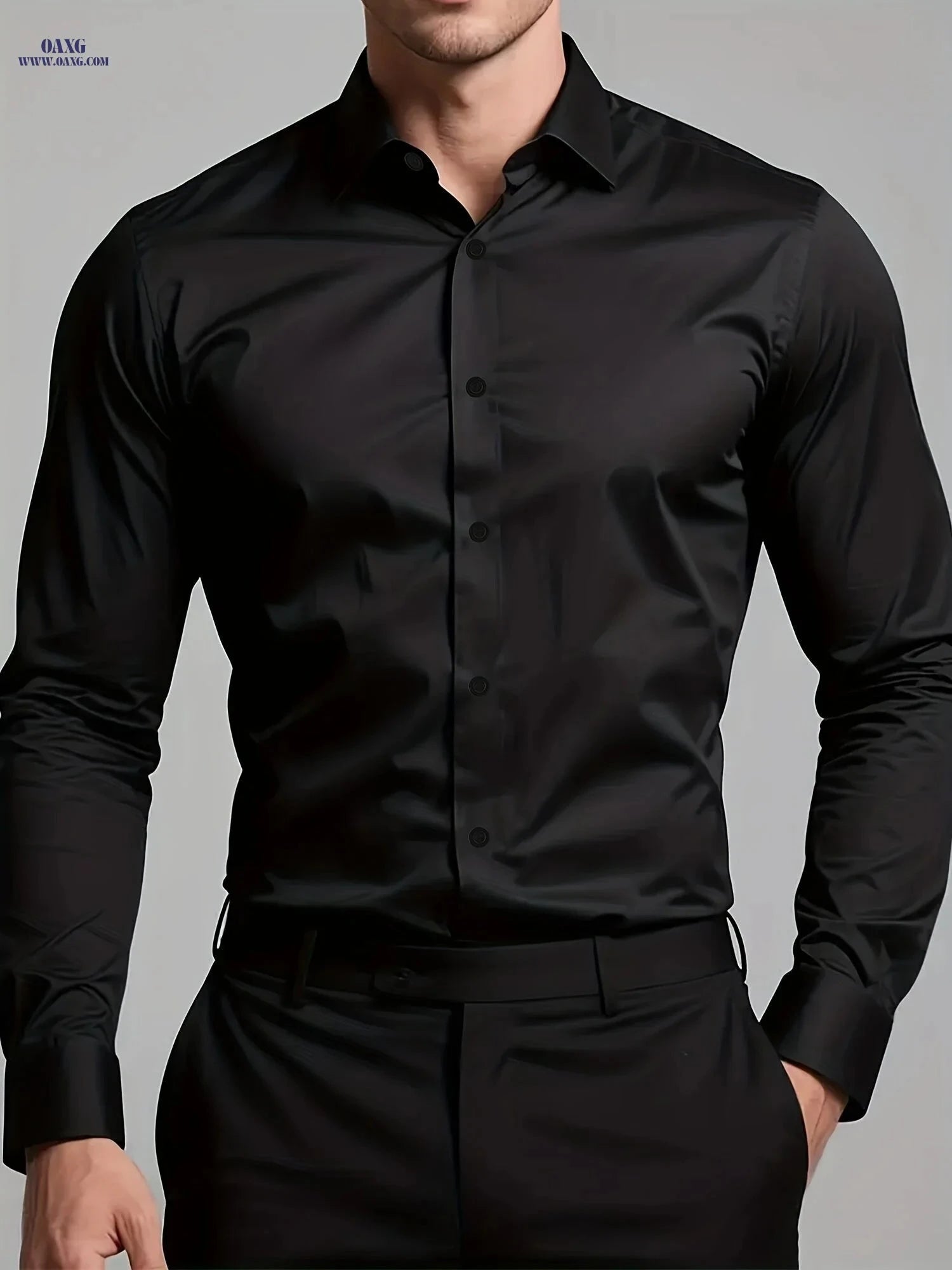 Men's Casual Long Sleeve Shirt - Solid Color, Regular Fit Polyester   OAXG 