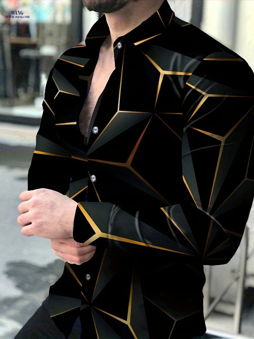 Men's Casual Long Sleeve Shirt - Unique Geometric Print, Polyester   OAXG 