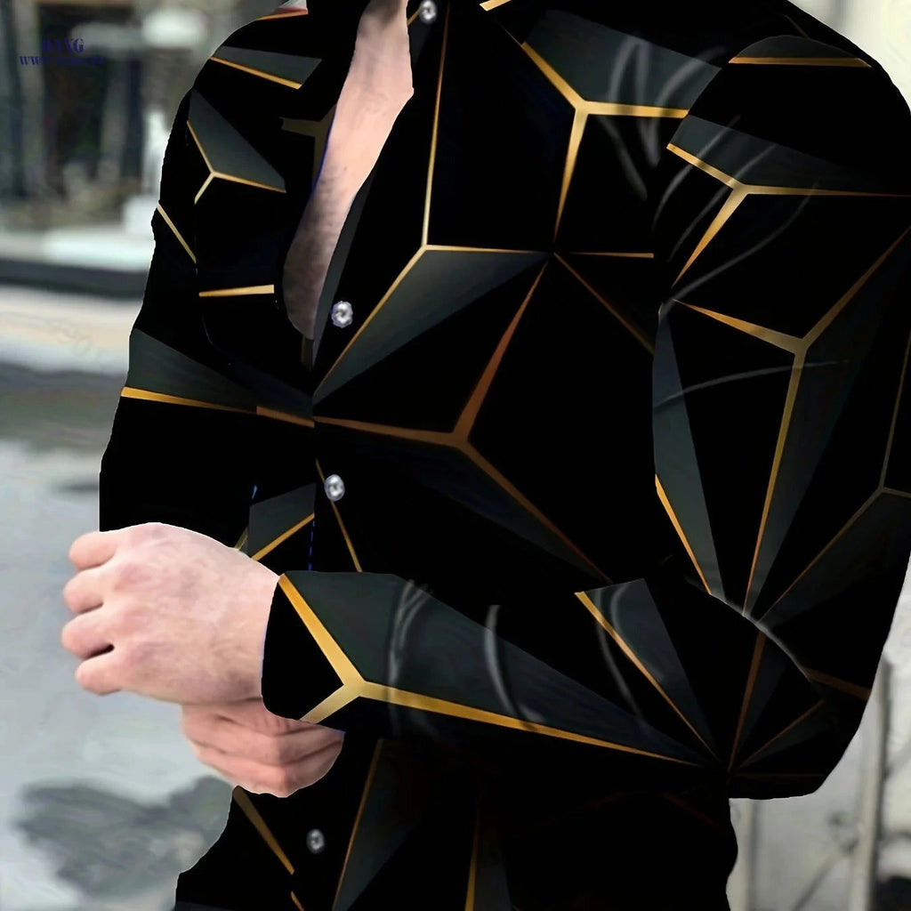 Men's Casual Long Sleeve Shirt - Unique Geometric Print, Polyester   OAXG Black / FR S