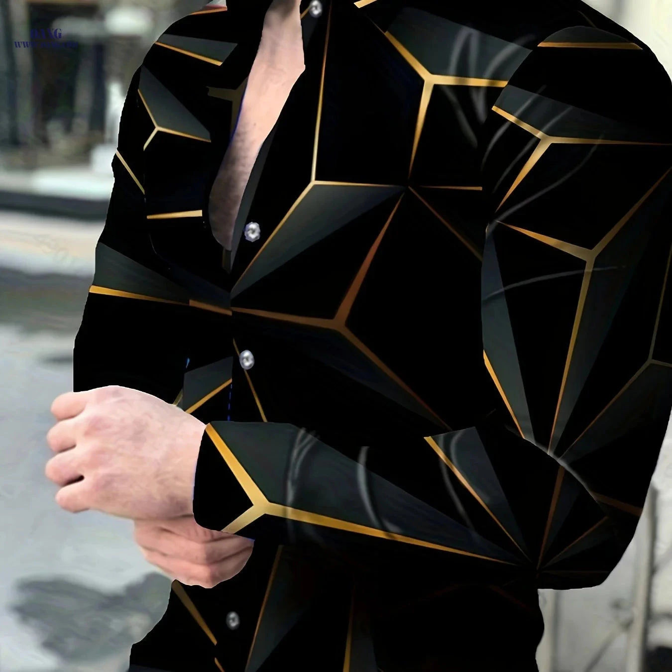 Men's Casual Long Sleeve Shirt - Unique Geometric Print, Polyester   OAXG Black / FR S
