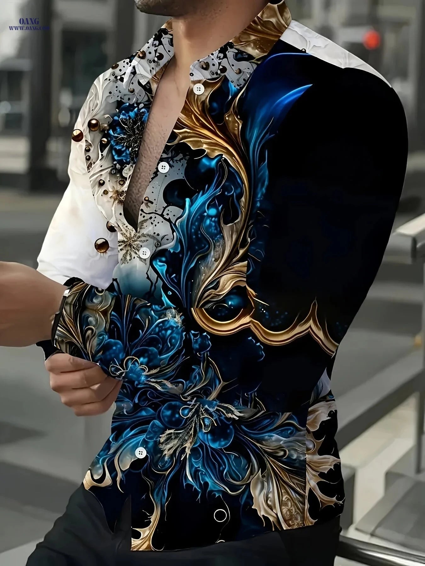 Men's Casual Long-Sleeve Shirt - Unique Print, Polyester, Machine Washable   OAXG Mixed Color / FR S
