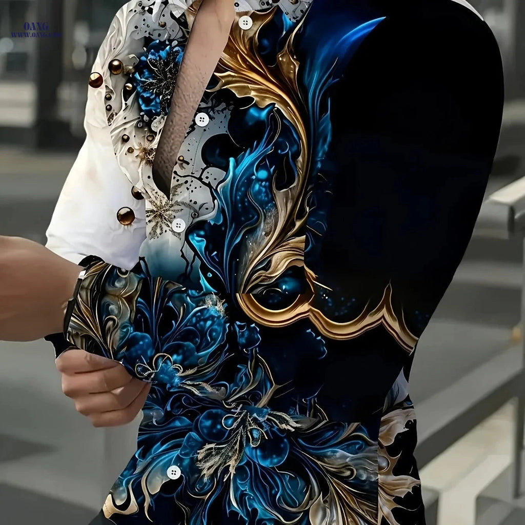 Men's Casual Long-Sleeve Shirt - Unique Print, Polyester, Machine Washable   OAXG Mixed Color / FR S