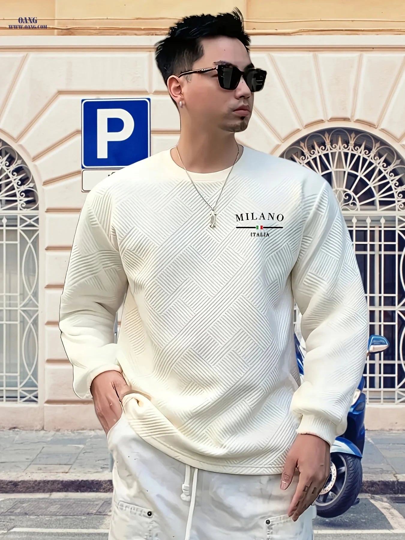 Men’s Casual Long-Sleeve Sweatshirt - Heavy Jacquard, Crew Neck   OAXG 