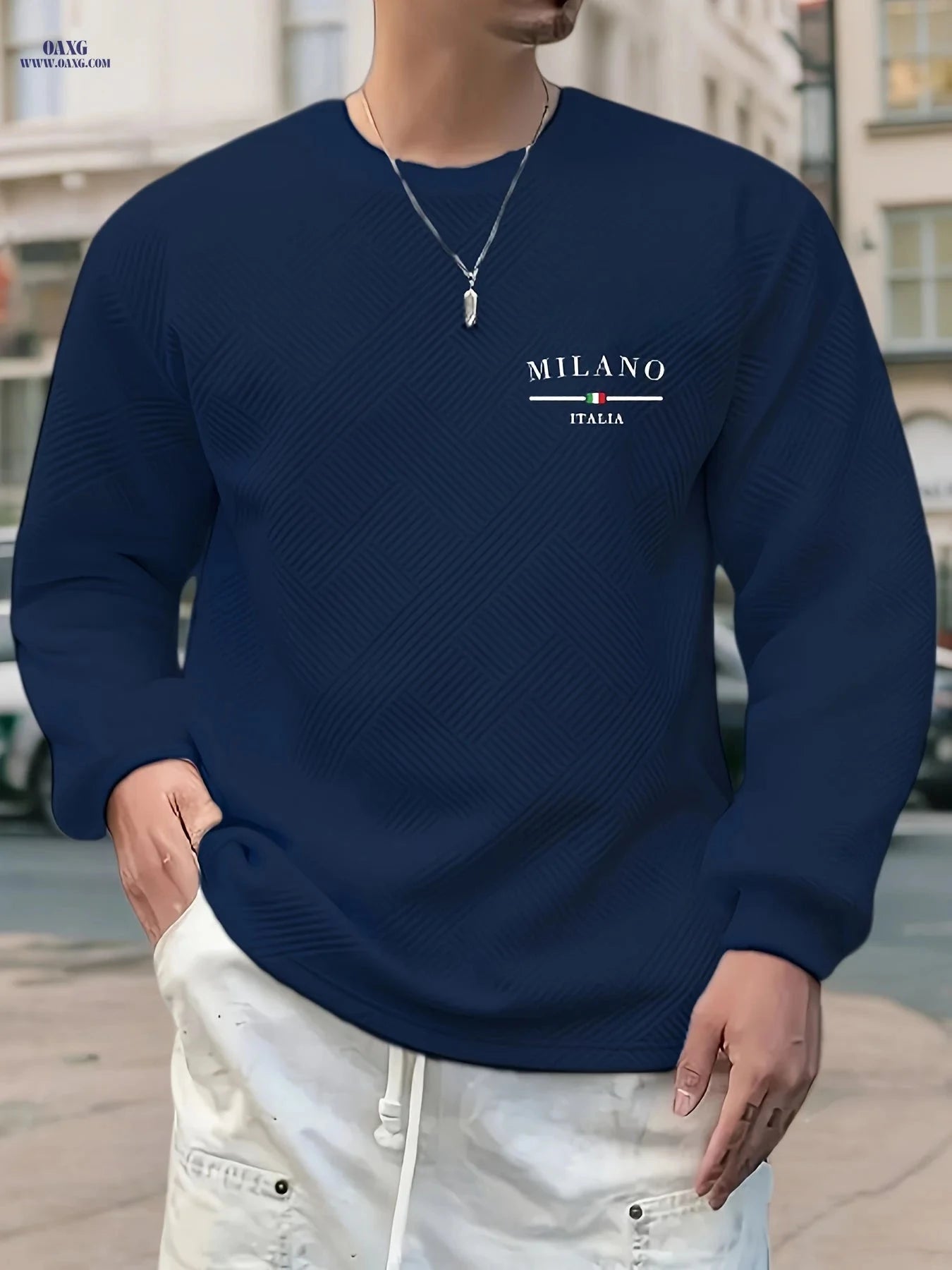 Men’s Casual Long-Sleeve Sweatshirt - Heavy Jacquard, Crew Neck   OAXG 