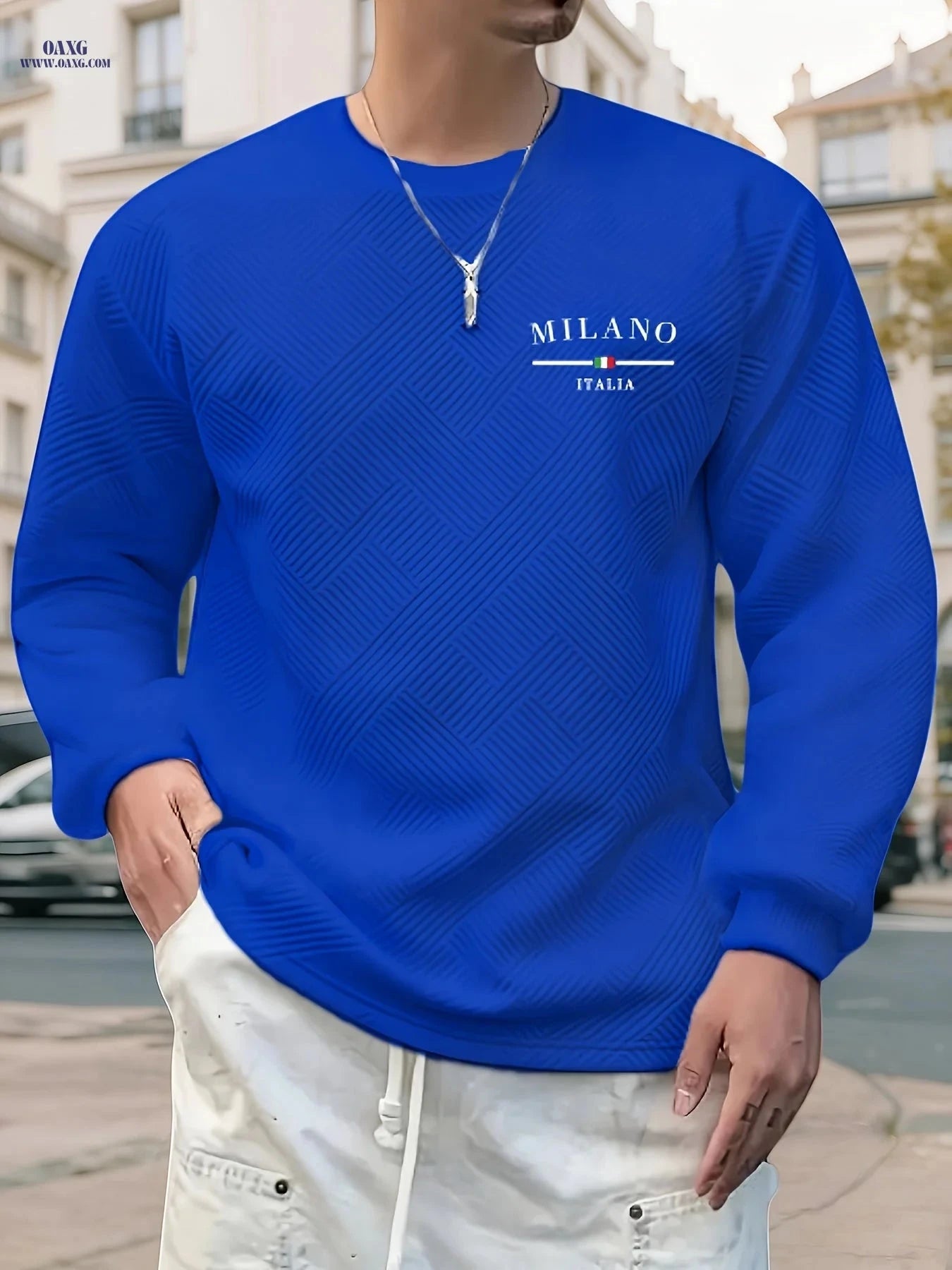 Men’s Casual Long-Sleeve Sweatshirt - Heavy Jacquard, Crew Neck   OAXG 