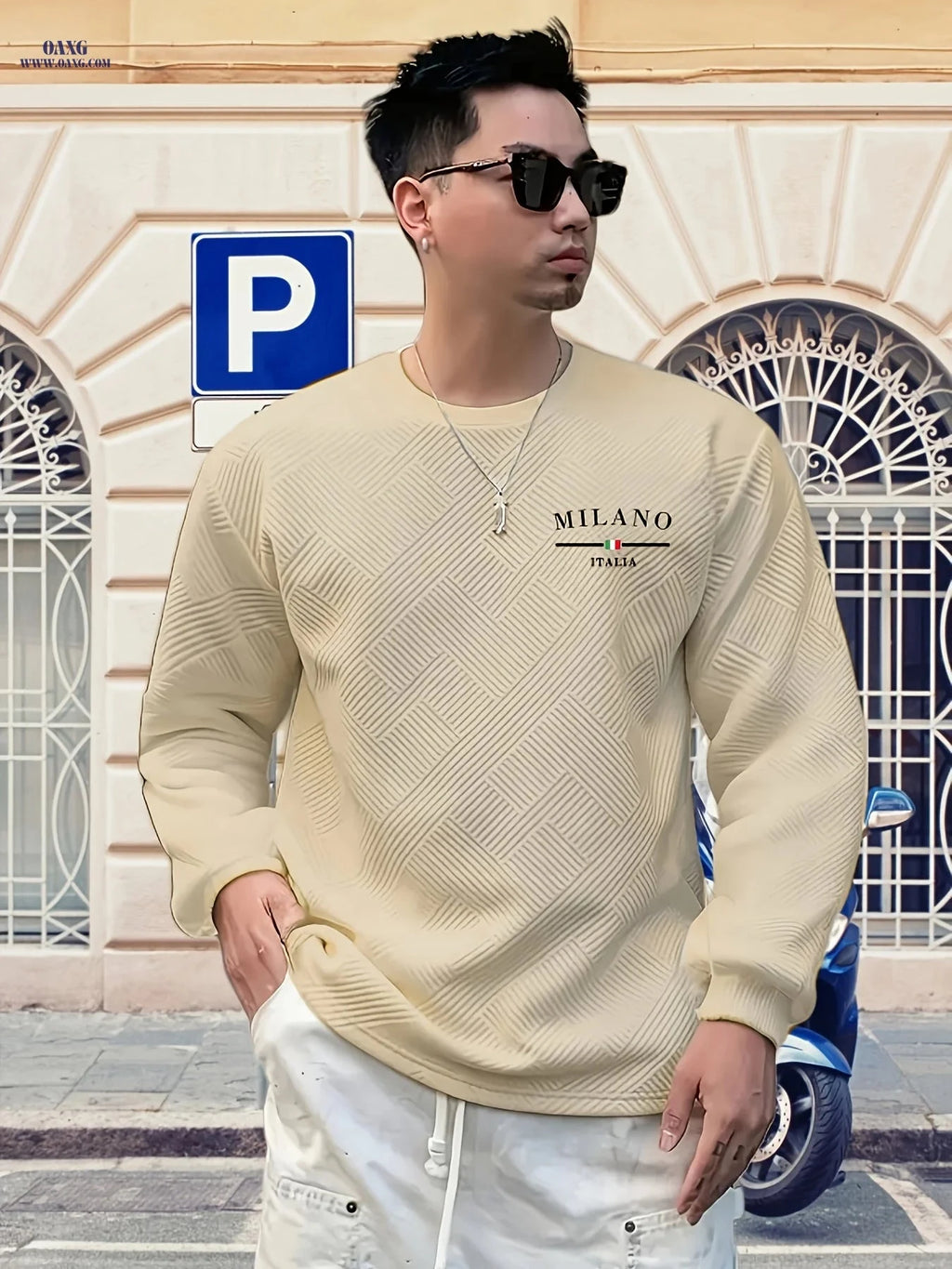 Men’s Casual Long-Sleeve Sweatshirt - Heavy Jacquard, Crew Neck   OAXG 
