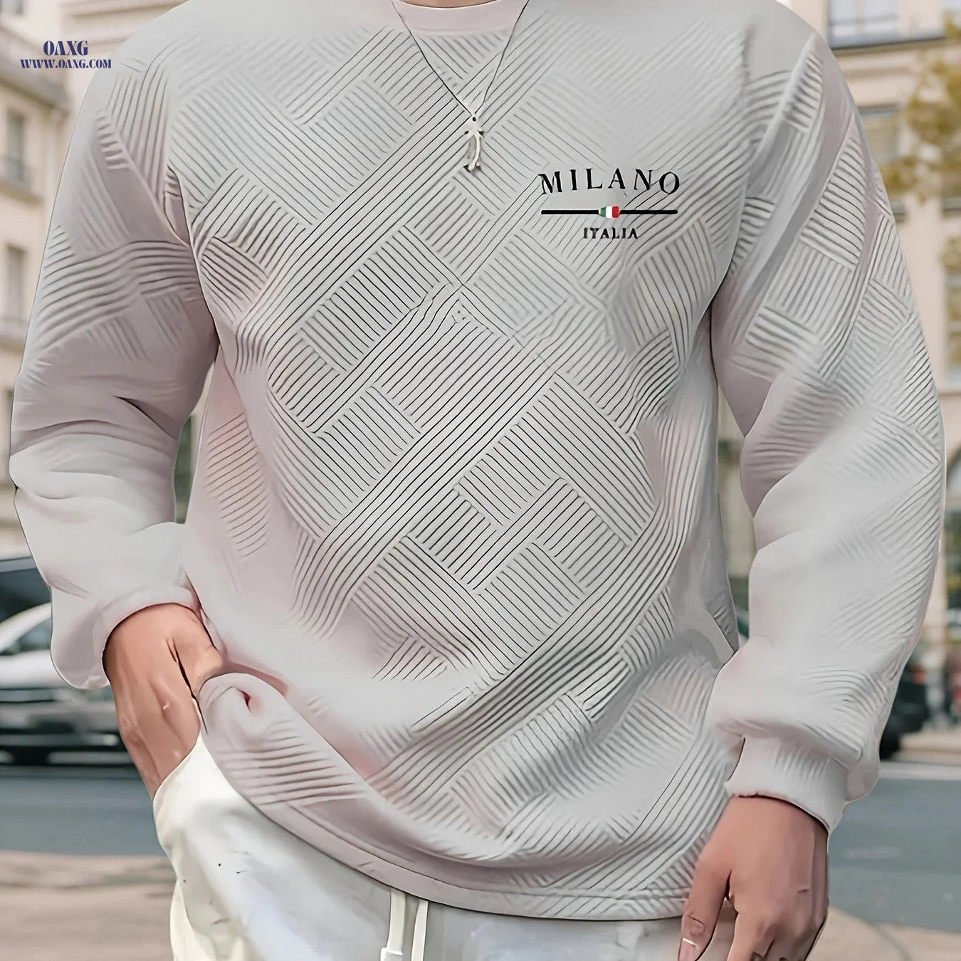 Men’s Casual Long-Sleeve Sweatshirt - Heavy Jacquard, Crew Neck   OAXG 