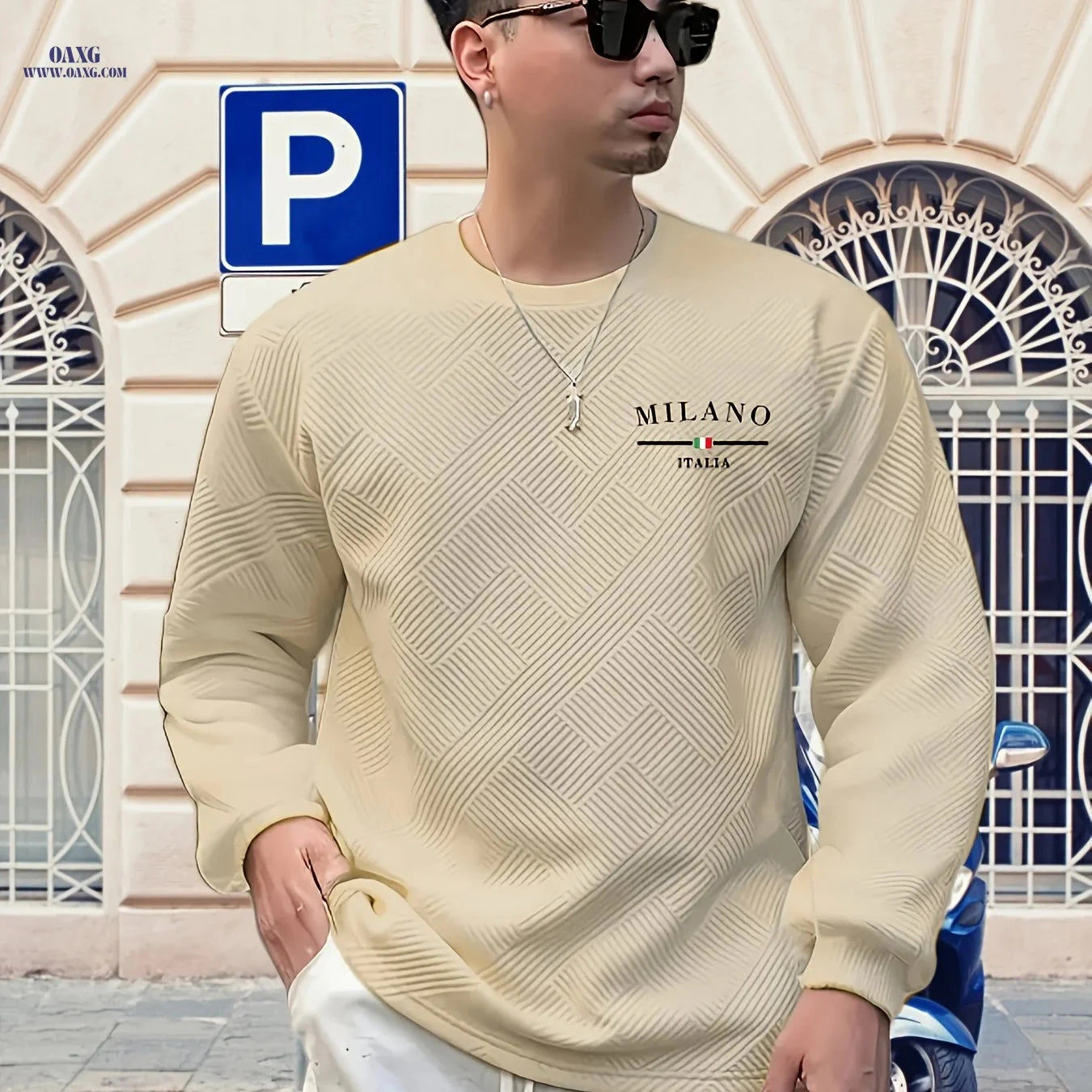 Men’s Casual Long-Sleeve Sweatshirt - Heavy Jacquard, Crew Neck   OAXG 