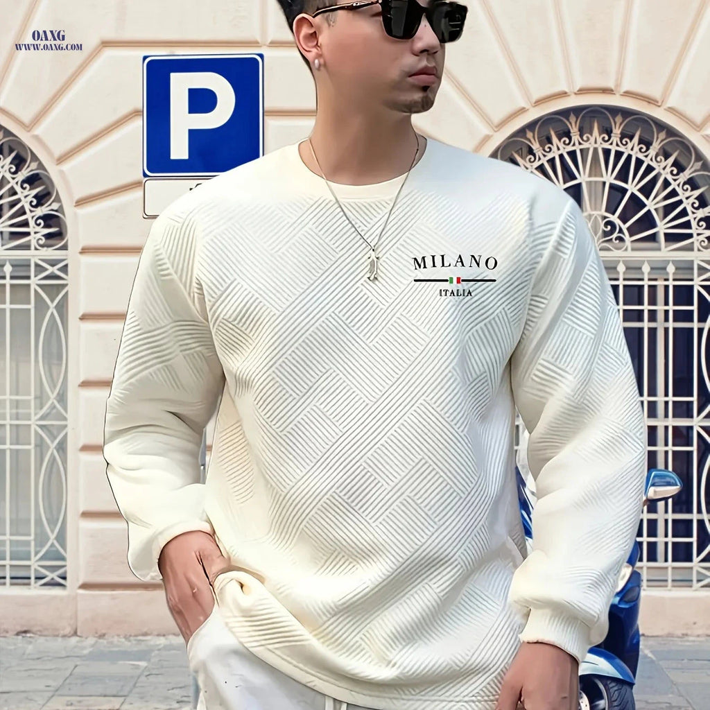 Men’s Casual Long-Sleeve Sweatshirt - Heavy Jacquard, Crew Neck   OAXG 