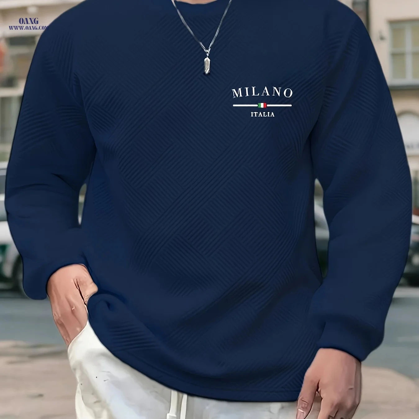 Men’s Casual Long-Sleeve Sweatshirt - Heavy Jacquard, Crew Neck   OAXG White / FR S