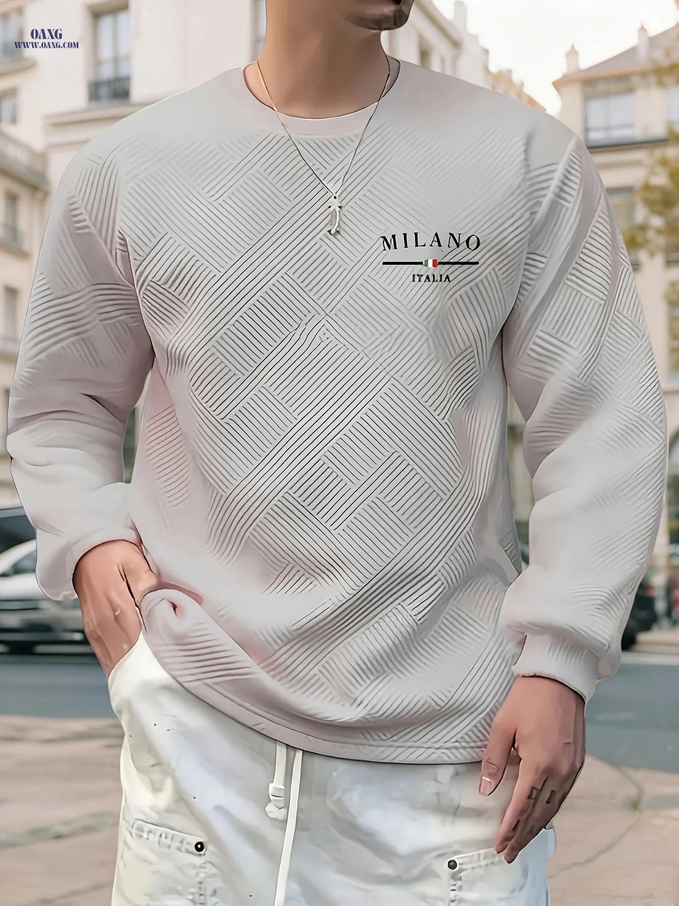 Men’s Casual Long-Sleeve Sweatshirt - Heavy Jacquard, Crew Neck   OAXG White / FR S